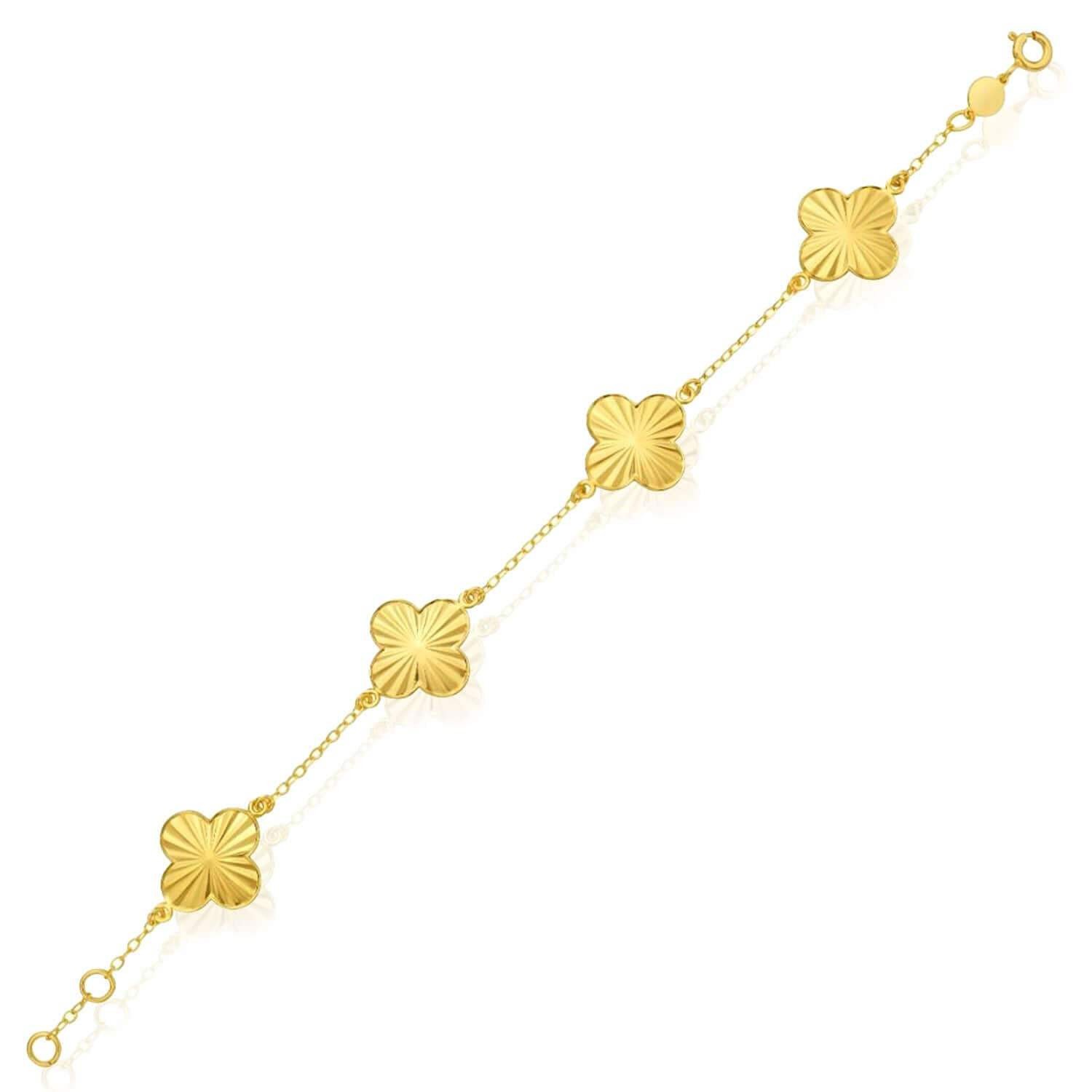 Real 14K Gold Textured Adjustable Clover Bracelet 6.5″-7.25″