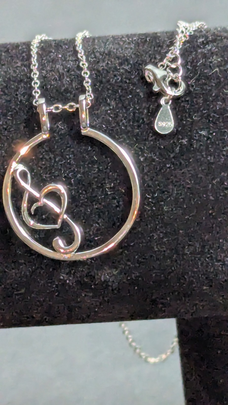 925 Sterling Silver Music Heart Treble Clef Pendant Necklace 18″