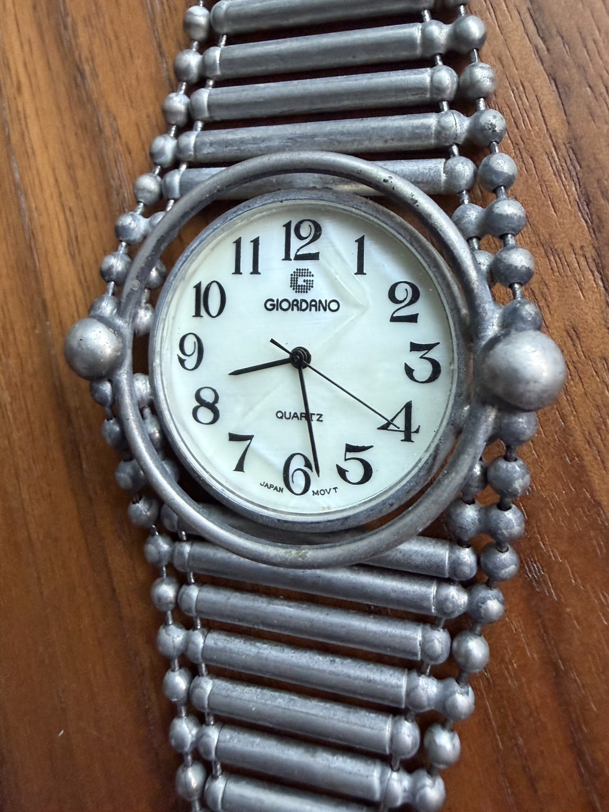 Vintage Giordano Quartz Watch Silver Tone Industrial Bead Tube Link Japan Movt