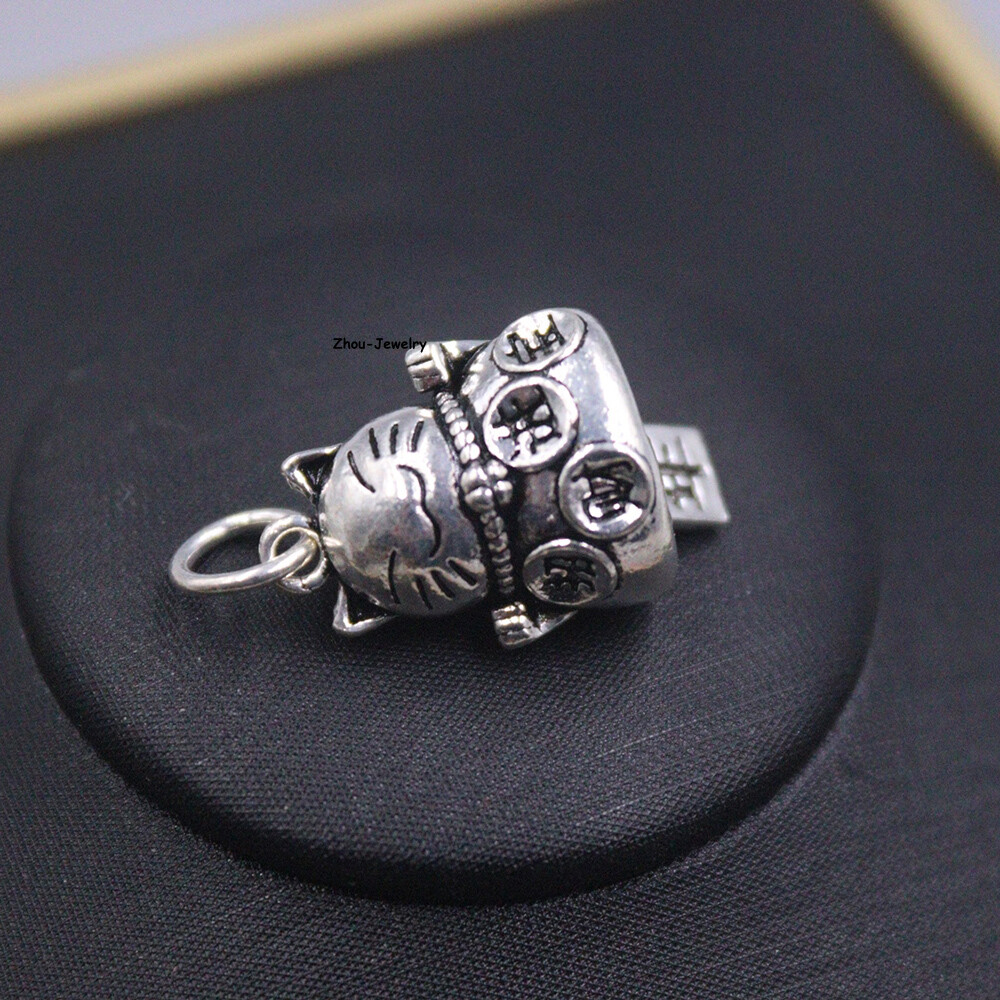 Real S925 Sterling Silver Pendant Men Women Fortune Cat Pendant 28*14mm 3-4g