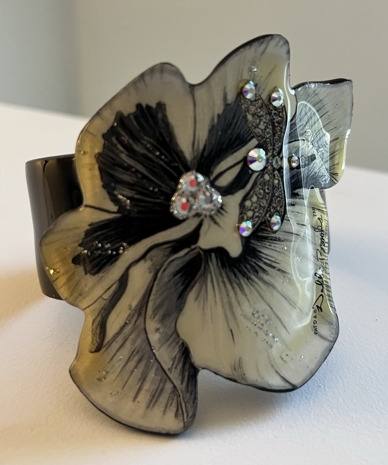 Debbie Brooks Orchid Dragonfly Acrylic Bracelet Wide Cuff Crystals Bling NWT