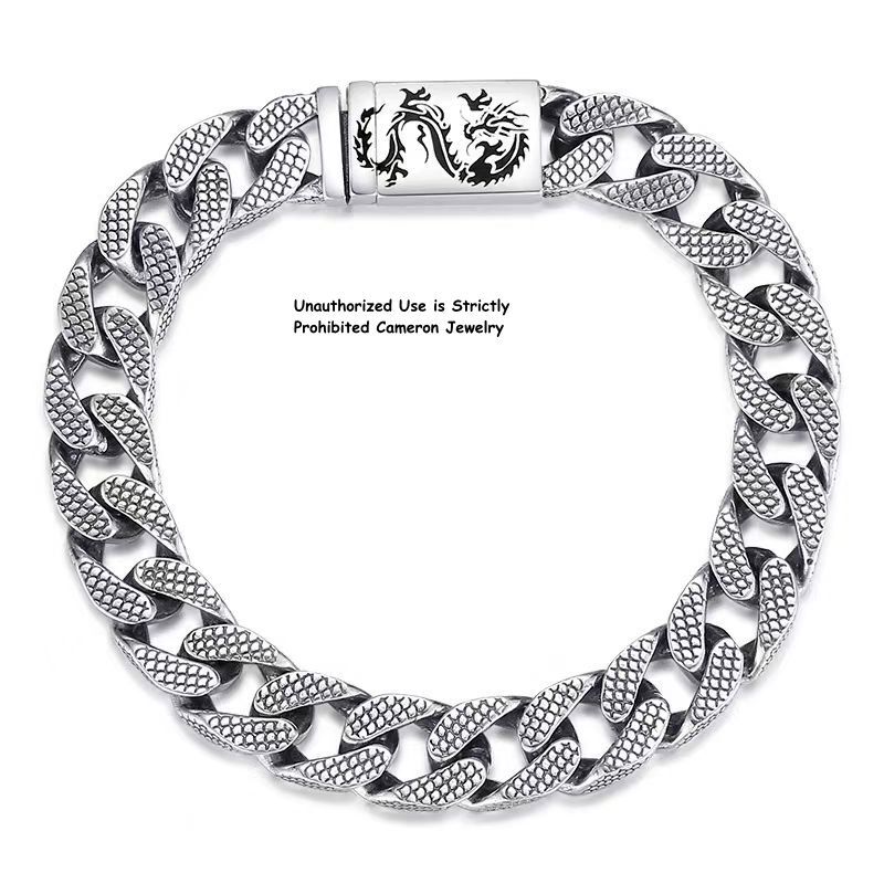 Pure S925 Sterling Silver Chain 9mm Dragon Pattern Curb Link Bracelet 7in-9in