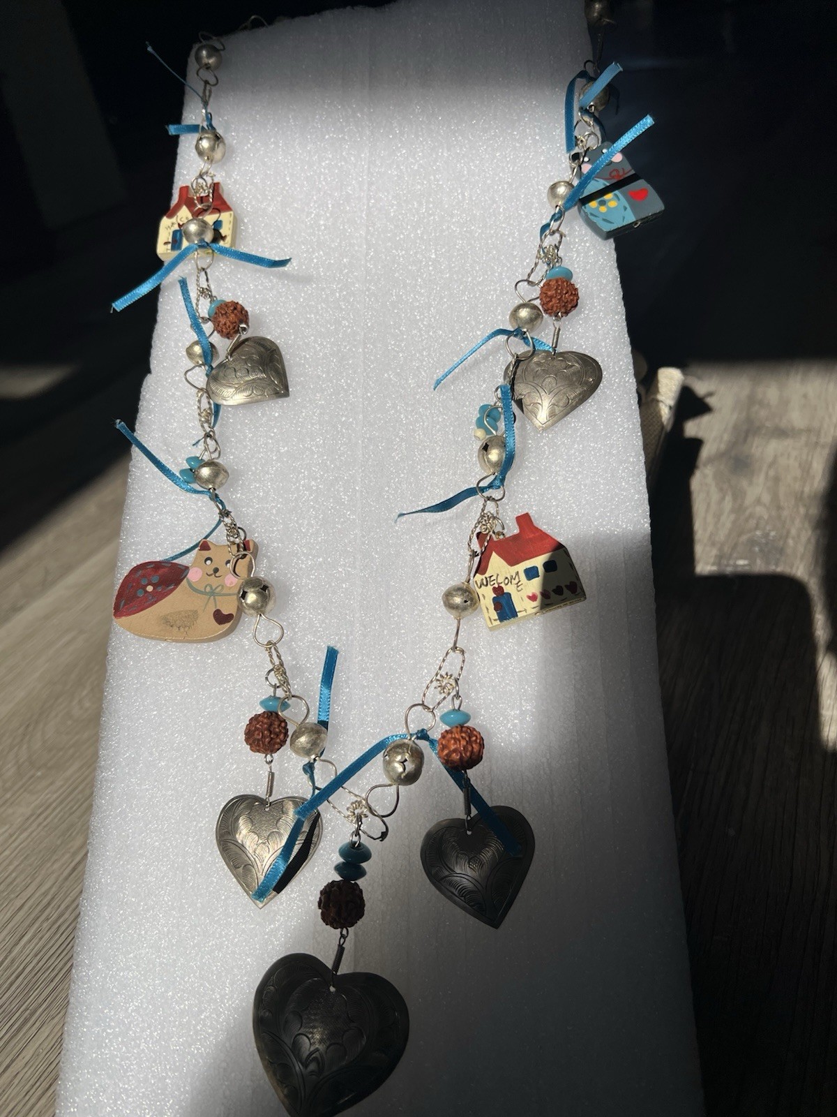 Multicolor Charm Necklace with Heart, House, Cat Pendants, Metal, Wood, Ribbon
