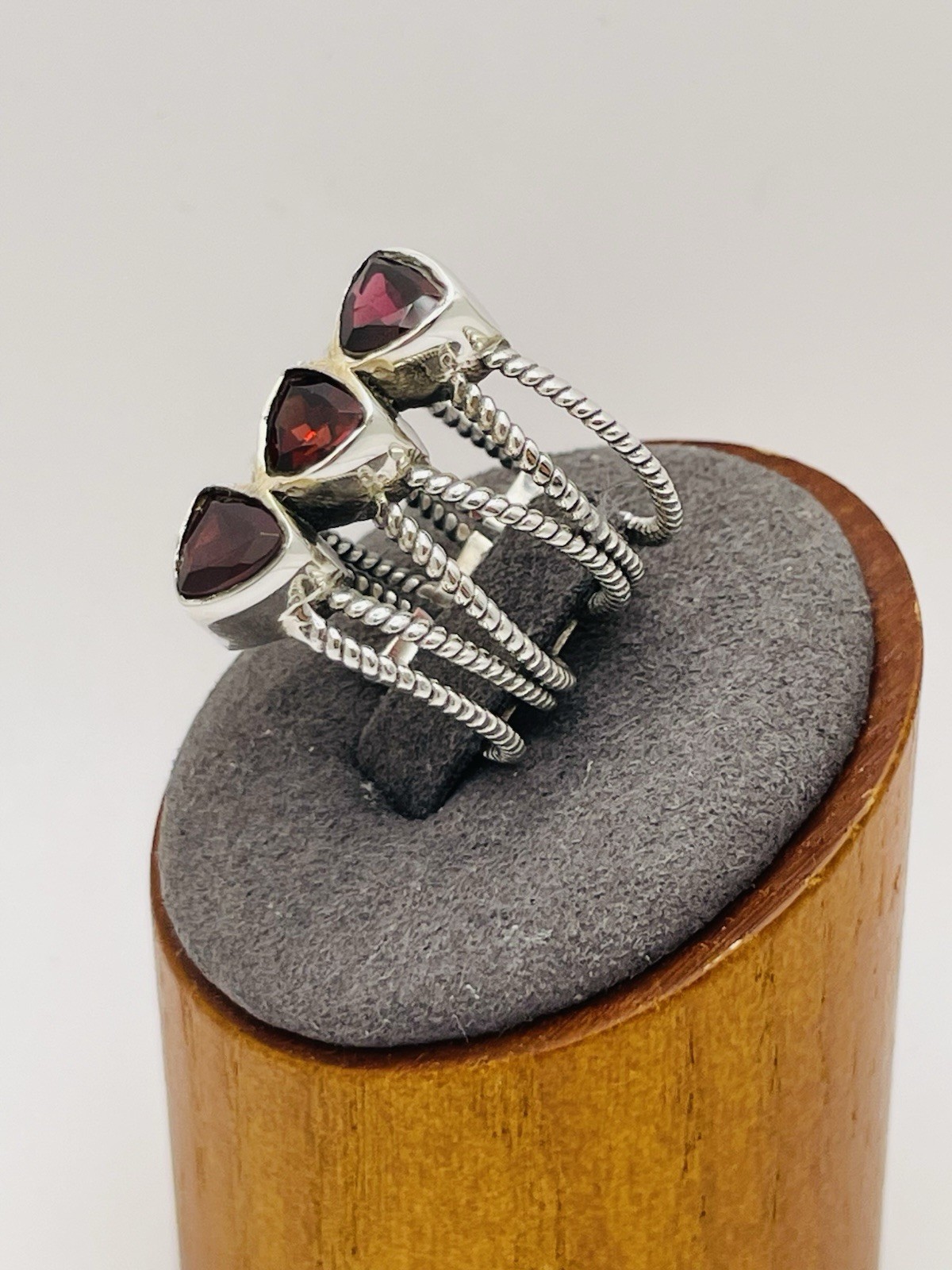 Triple Mozambique Garnet 925 Sterling Silver Wire Twisted Designed Ring Size 8