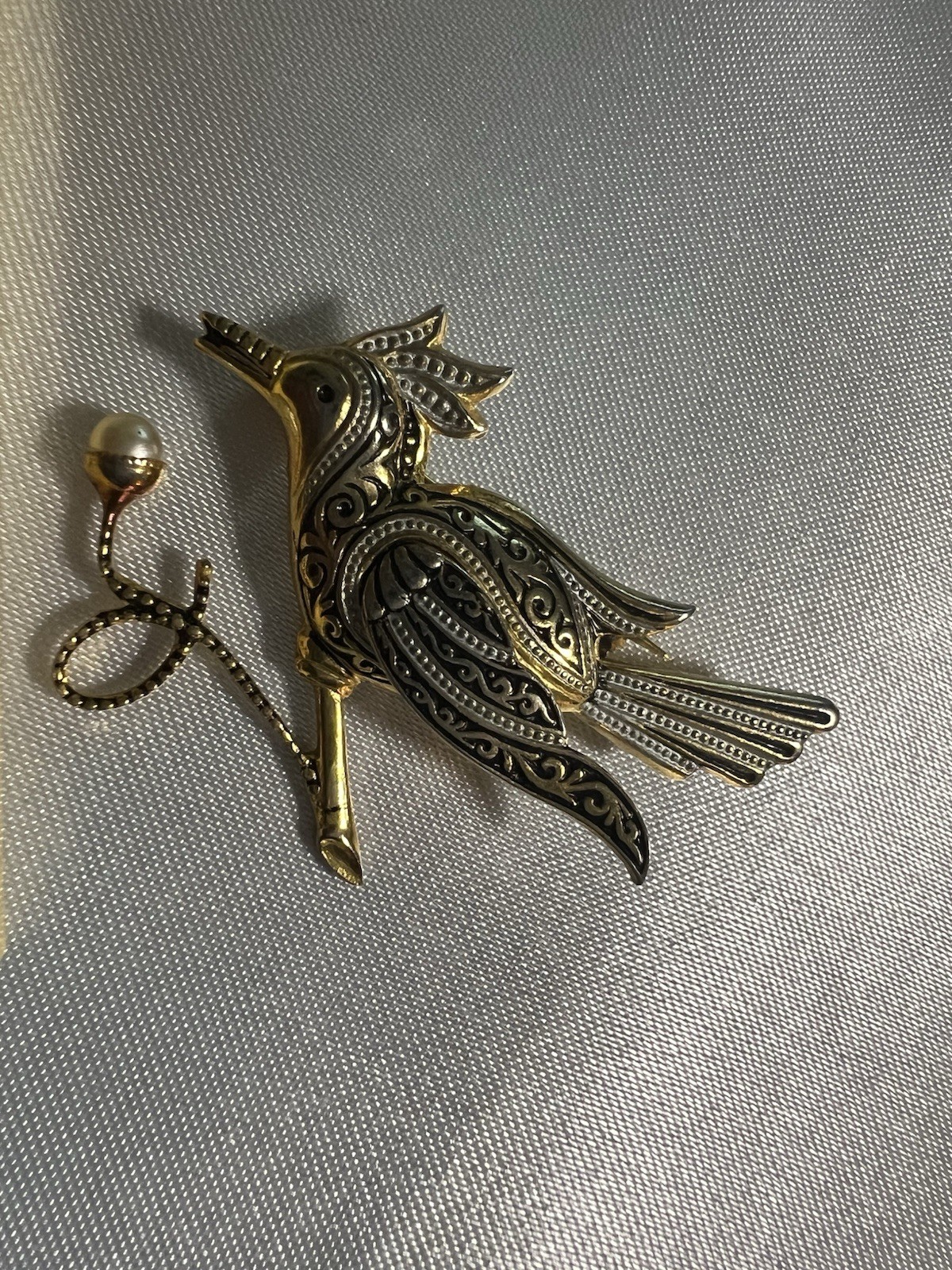 Mid Century Toledoware Gold Tone Bird Brooch Signed Spain Vintage Jewelry 2″