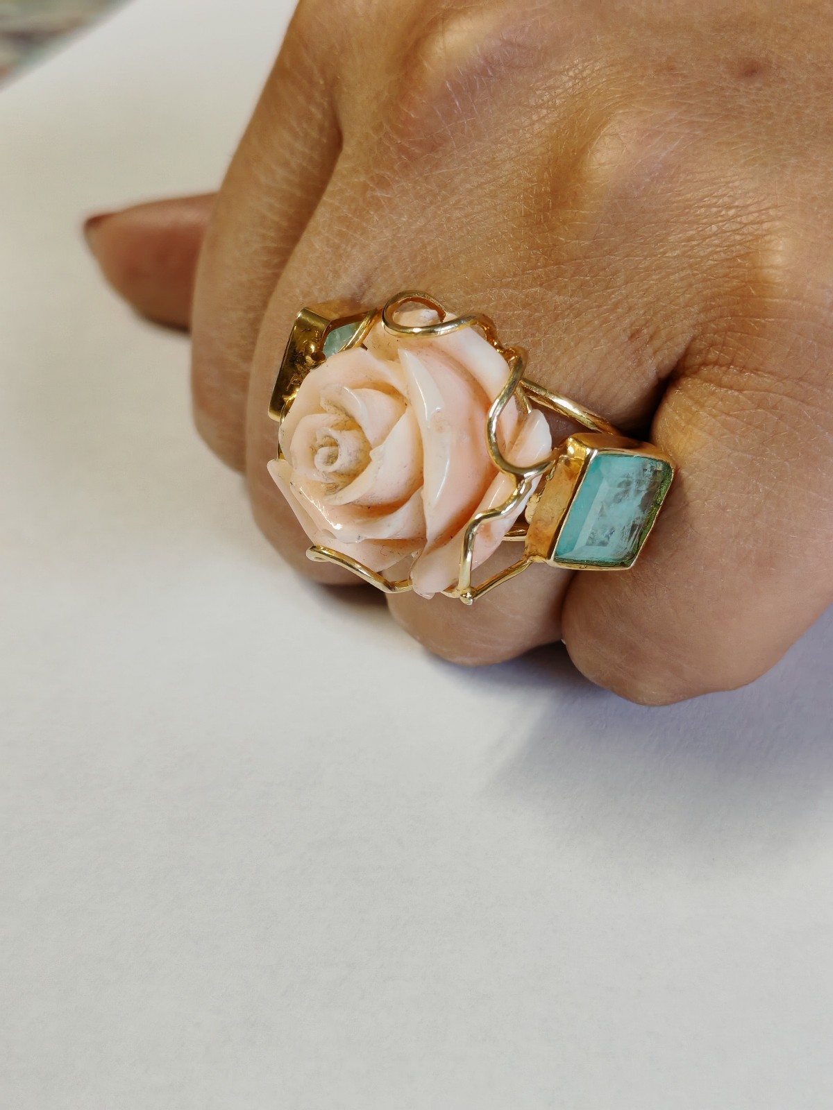 Women’s Ring Real Coral Pink Band 925 Silver Plac Yellow Gold Handmade