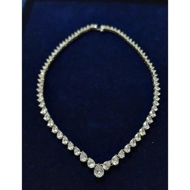 20Ct Pear Lab Created Diamond Tennis Necklace 14K White Gold Plated Silver