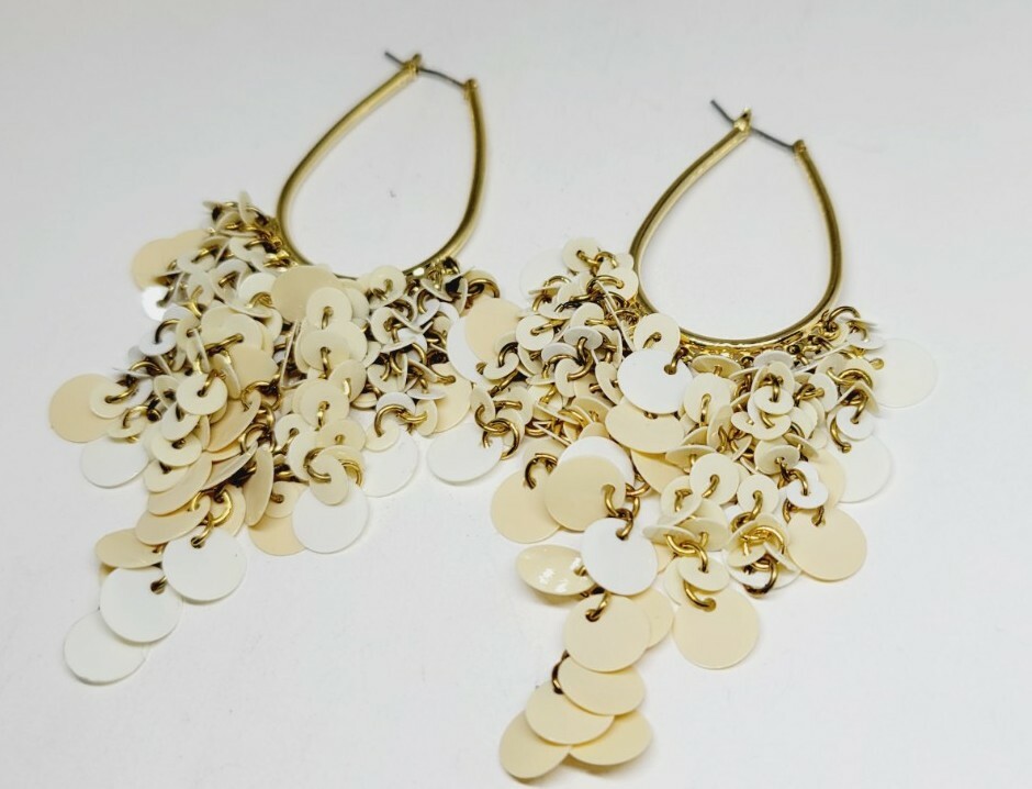 Gigi In Style Cream & White sequin Design OVAL Hoop Dangle Earrings 3.75 in Drop