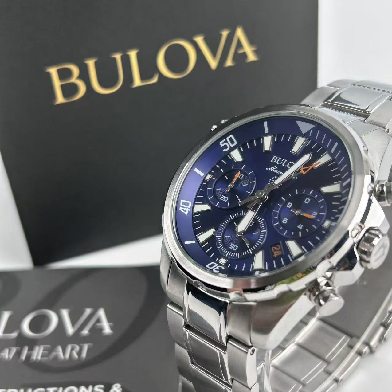 New Bulova Marine Star 96B256 Blue Dial Men’s Chronograph Quartz Watch 43mm