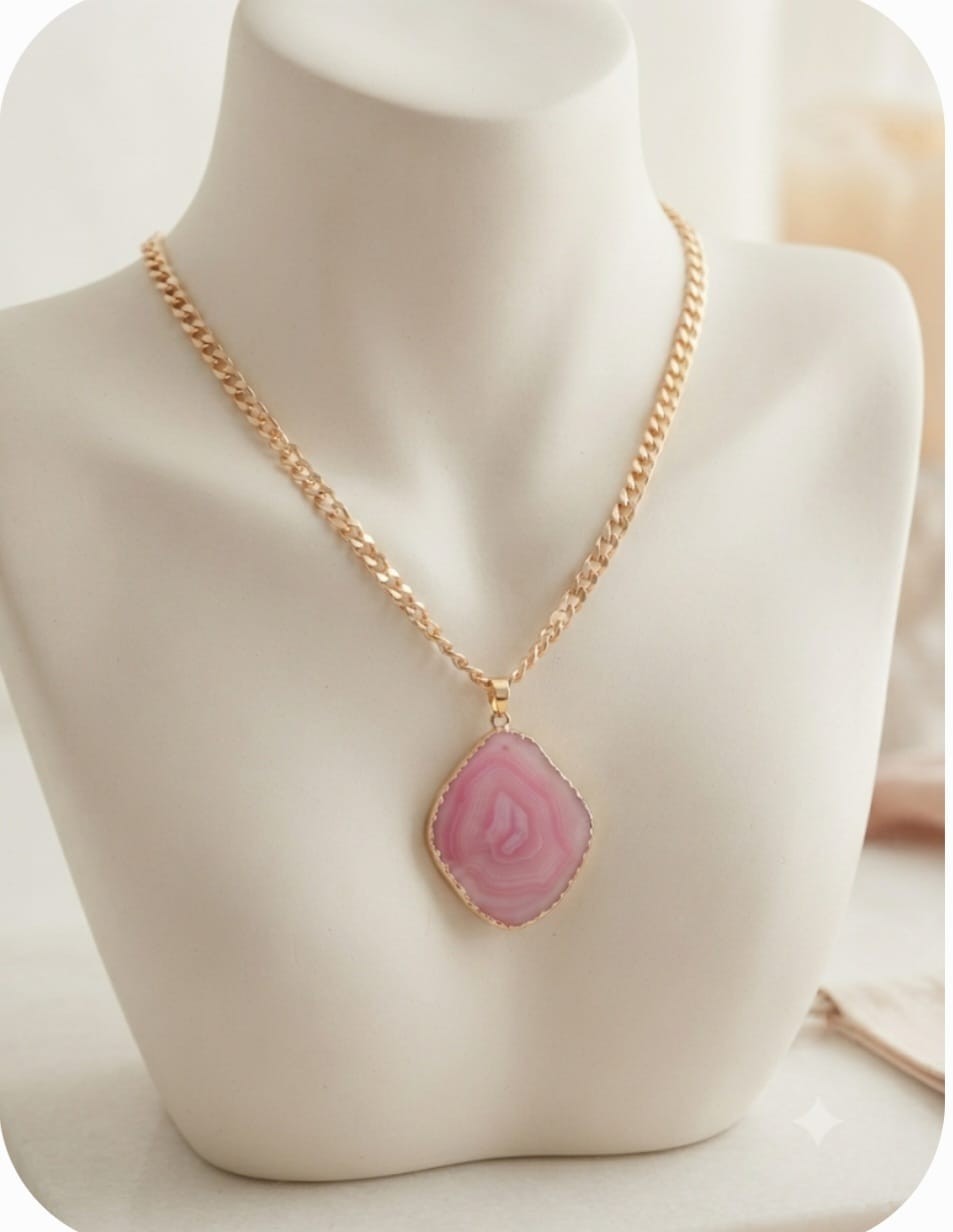 Natural Pink Agate Slice Pendant Necklace Gold Chain Crystal Healing Gemstone Je