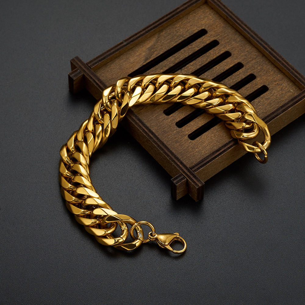 16mm Wide Gold Stainless Steel Curb Cuban Link Chian Bracelet 22cm Long for Men