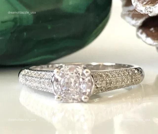 14K Solid White Gold Round Diamond Solitaire with Accents Dazzling Ring Jewelry