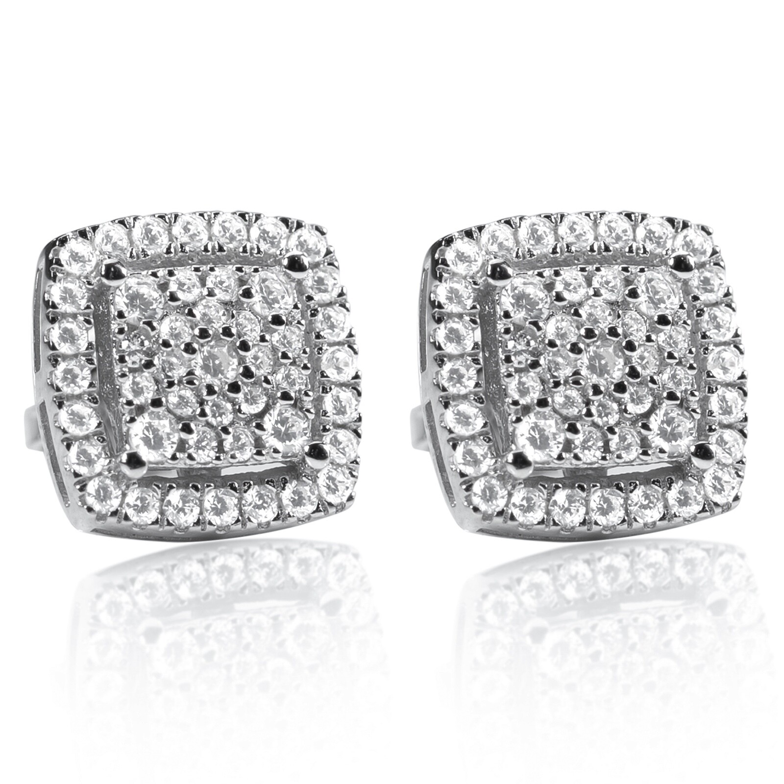 White Gold 925 Sterling Silver Hip Hop 3D Cube Square Cluster Mens Stud Earrings