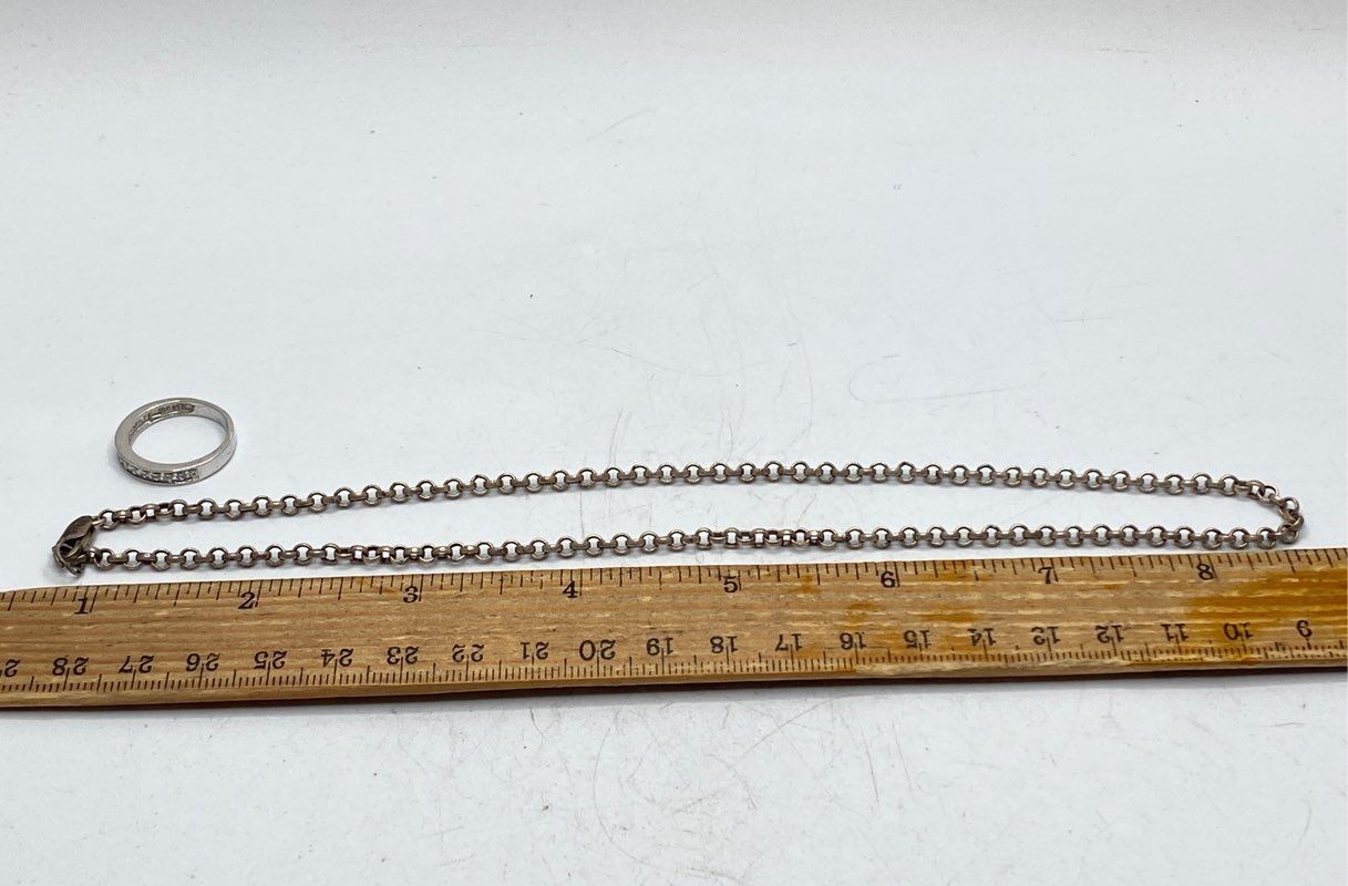 Sterling Silver 925 Jewelry Set Rolo Chain Necklace 16.75″ CZ Band Ring Size 5.5