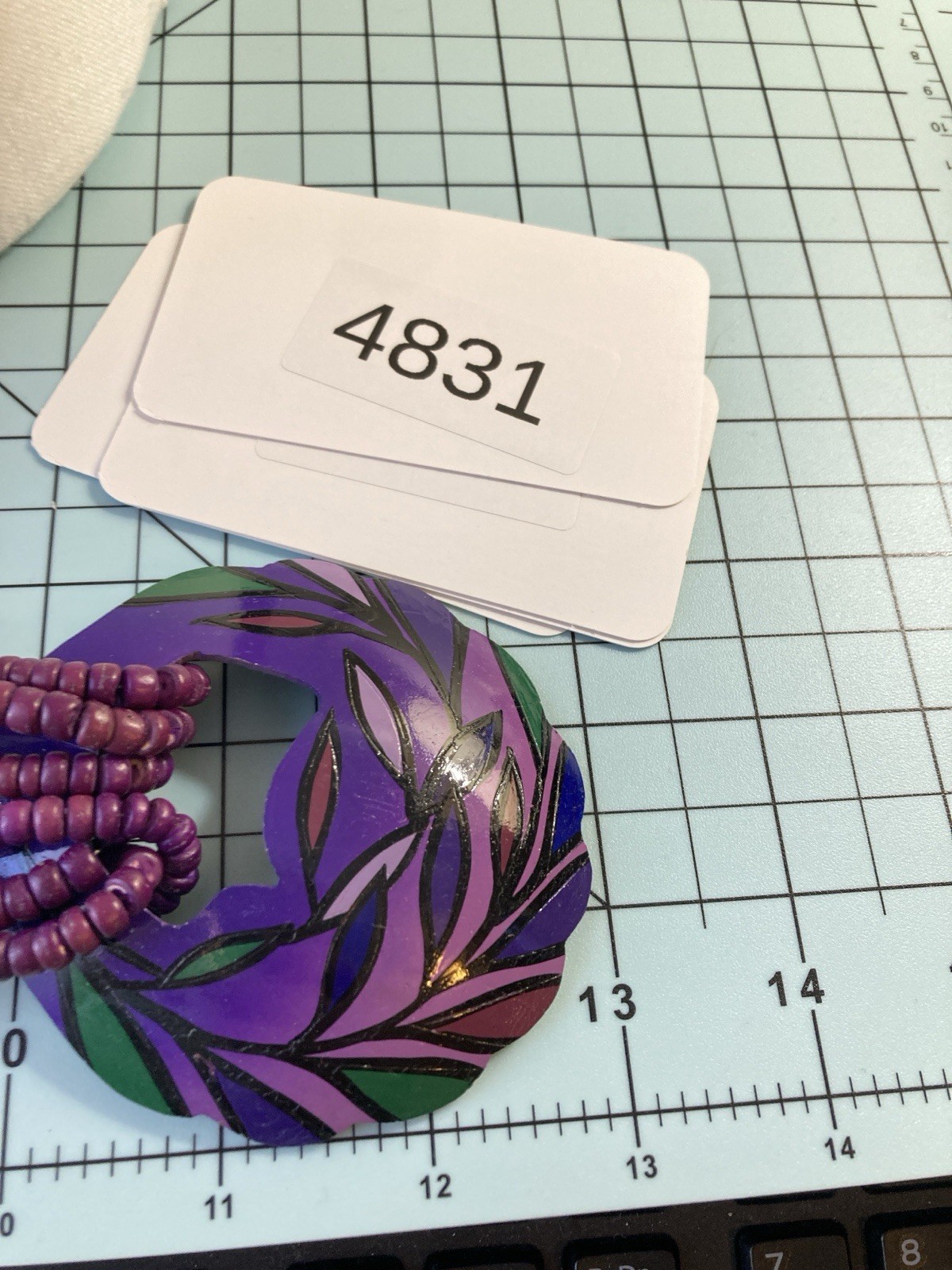 Artsy Wooden Beaded Necklace Statement Pendant Artisan Purple Hand Painted Bold