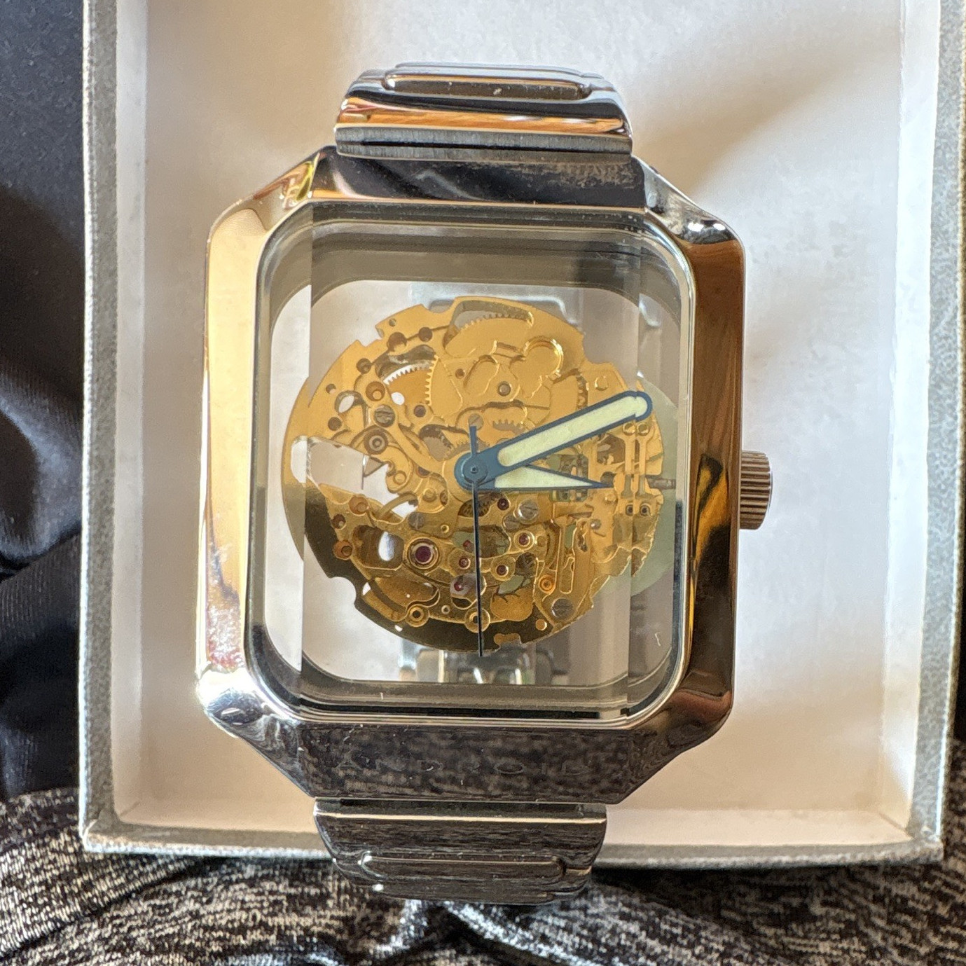 Android Mystique Skeleton Dial Automatic Square Silver Tone Bracelet WORKING
