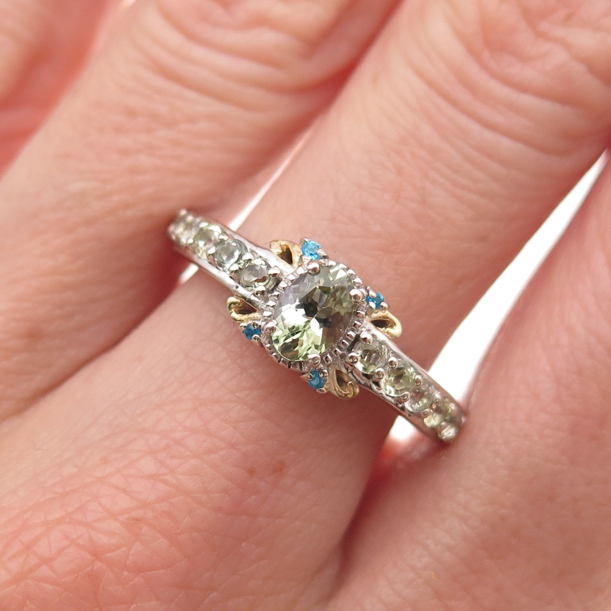 Chuck Clemency Sterling Silver 2-Tone Real Green Amethyst & Apatite Ring Size 8