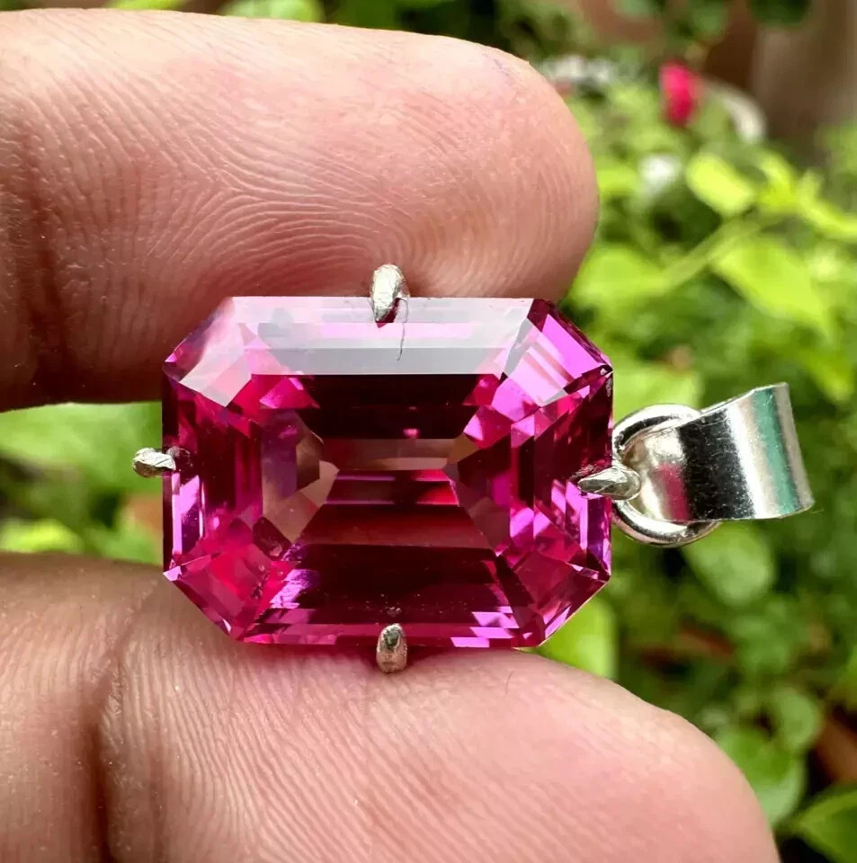 Natural Pink Sapphire 32 Ct Emerald Cut 925 Solid Silver Pendant Gemstone