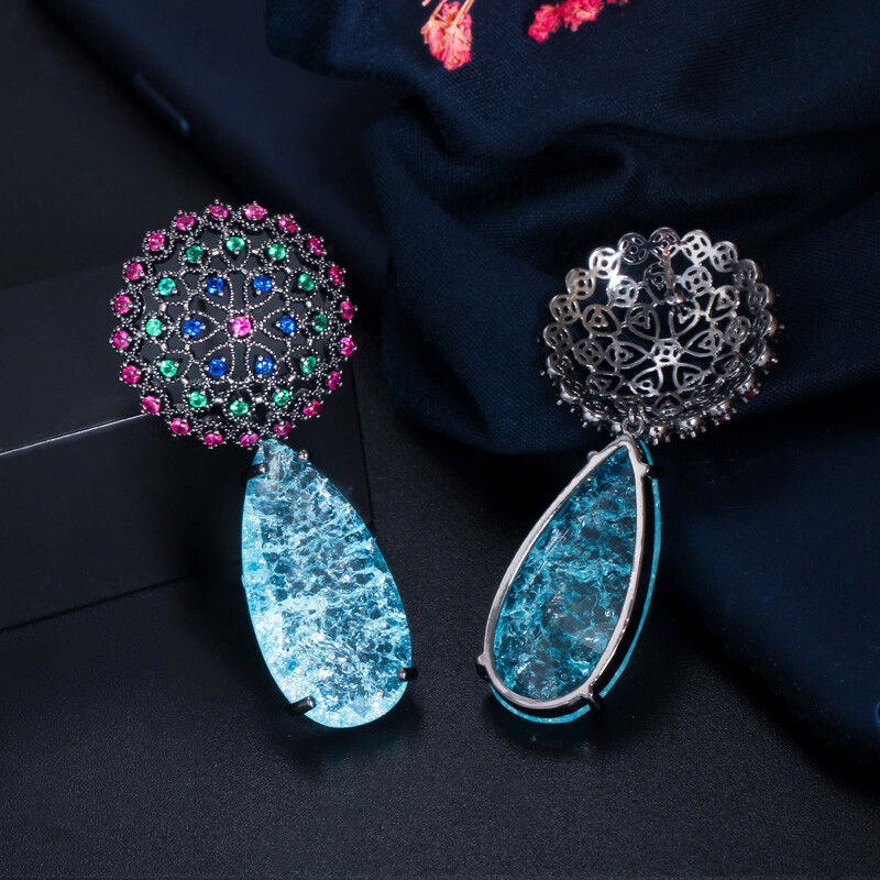 Ethnic Black Gold Plated Long Big Blue Water Drop Zircon Crystal Dangle Earrings