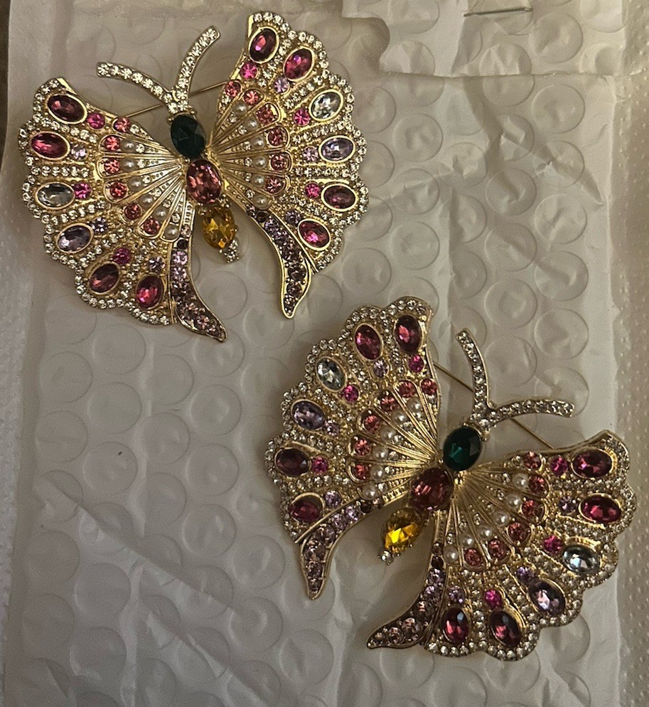 2pc Gold Tone Butterfly Rhinestone Brooch Pins Set Pink Green Clear