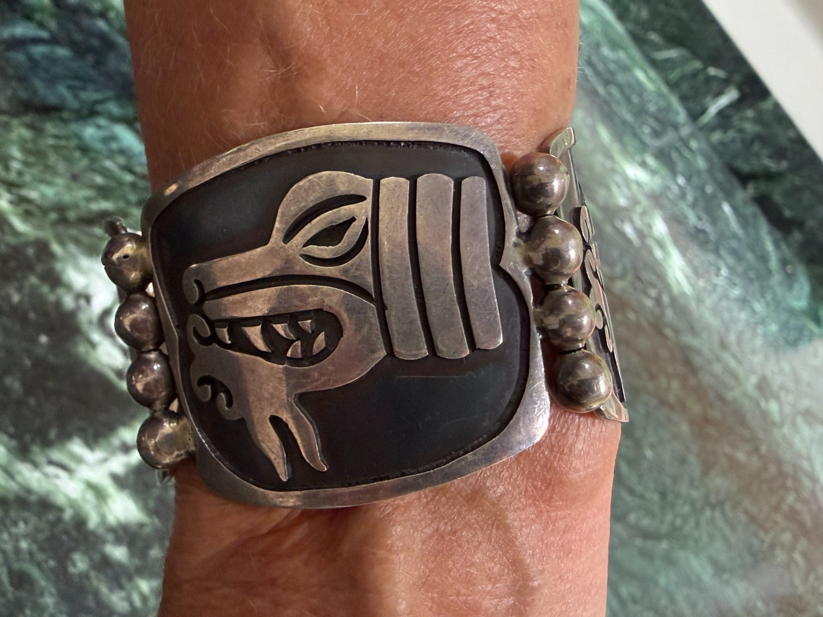 Vintage Taxco Quetzalcoatl dragon panel bracelet – hallmarked