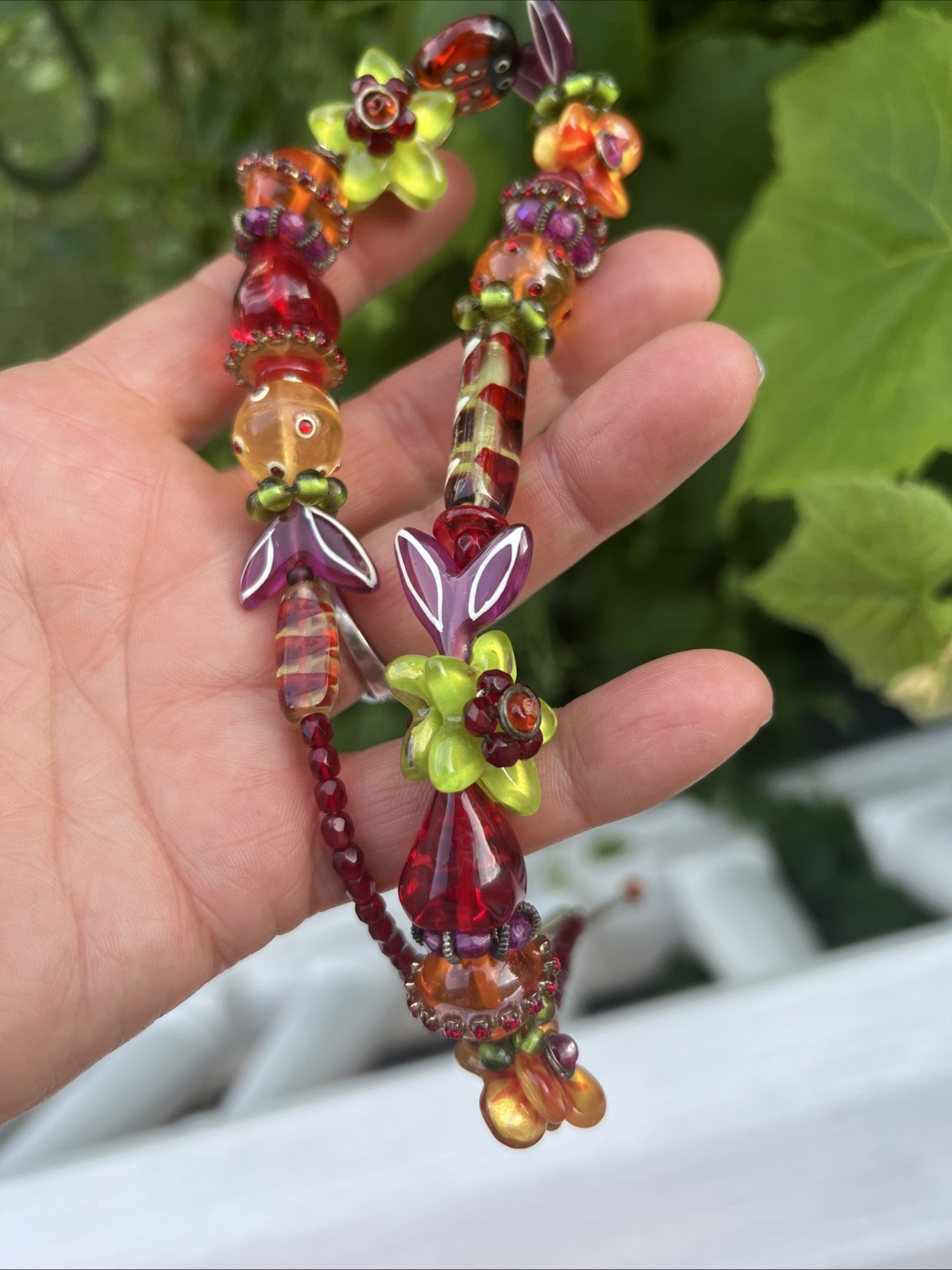 Eye Catchy Whimsy Colorful Fun Garden And Lady Bug Necklace Acrylic Glass Metal.