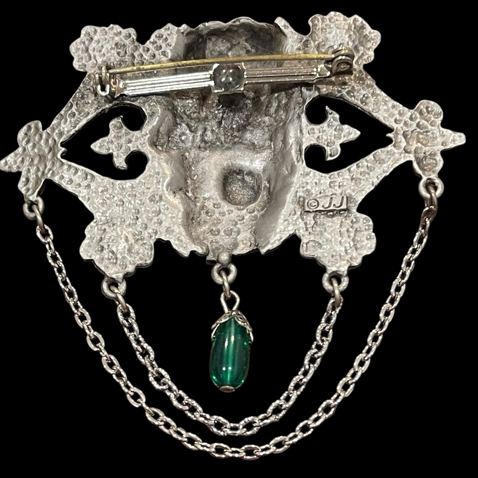 JJ Art Nouveau Pin Angel Cherub Flowers Tinted Silver Tone Green Teardrop Dangle