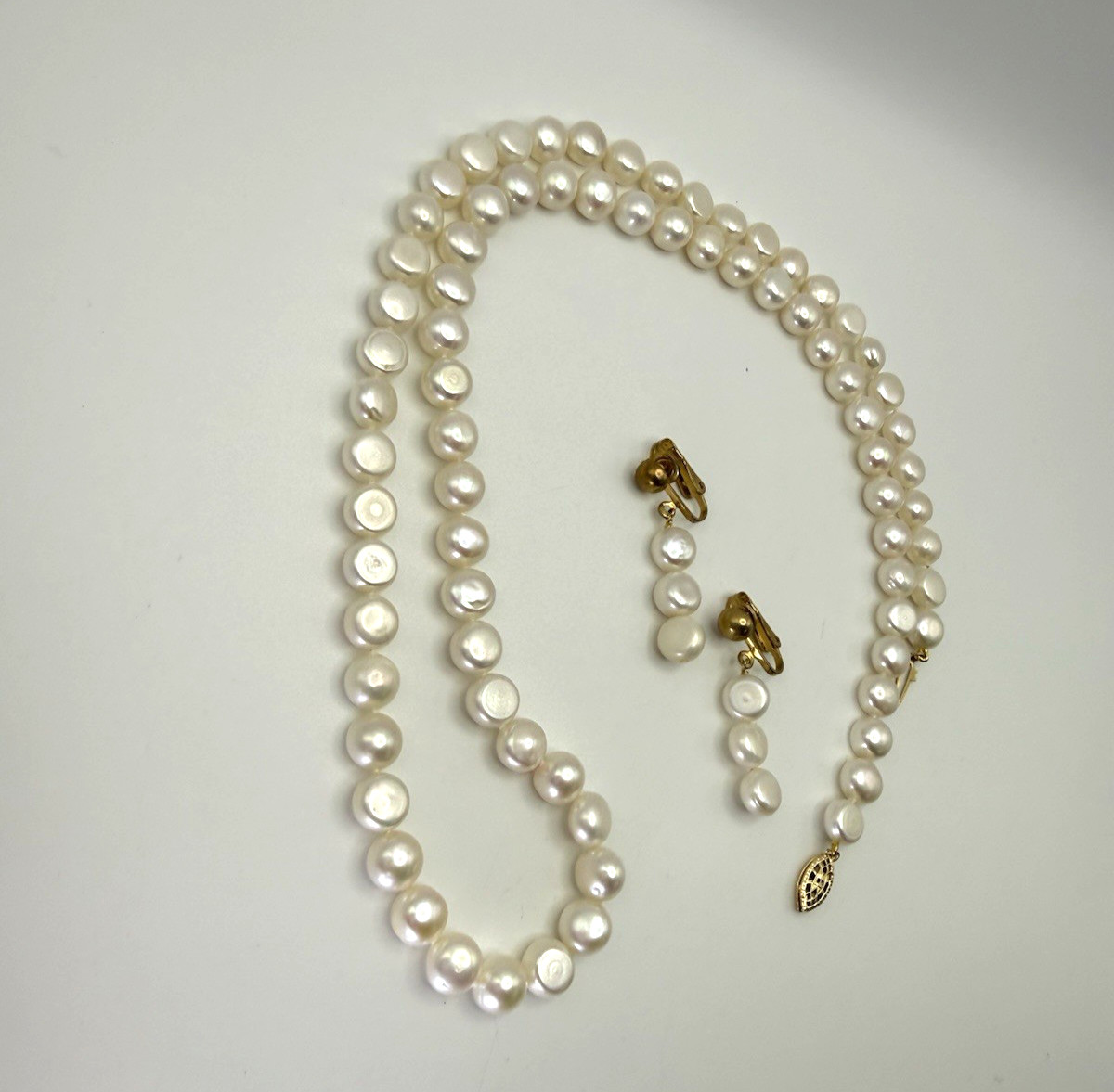 Freshwater Button Pearl Necklace Clip On Earrings Set 14K/20 Gold Filled Clasp