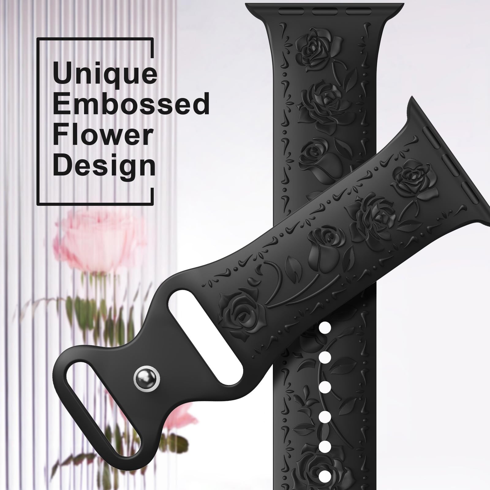 Floral Engraved Band Compatible 38mm/40mm/41mm/42mm [Series 10 11], A-Black