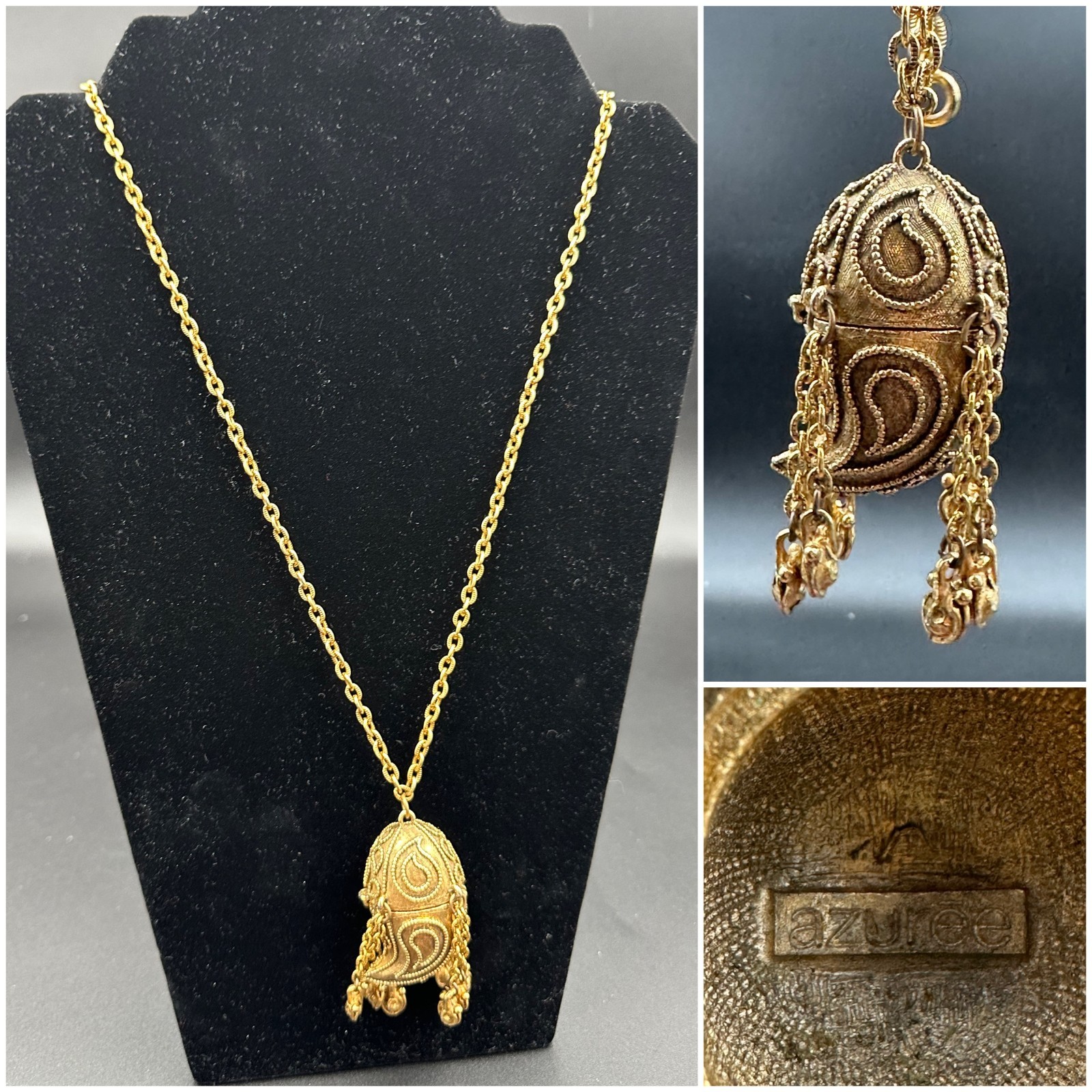 Vintage ESTEE LAUDER Azuree Gold Tone Horn Solid Perfume Necklace Boho