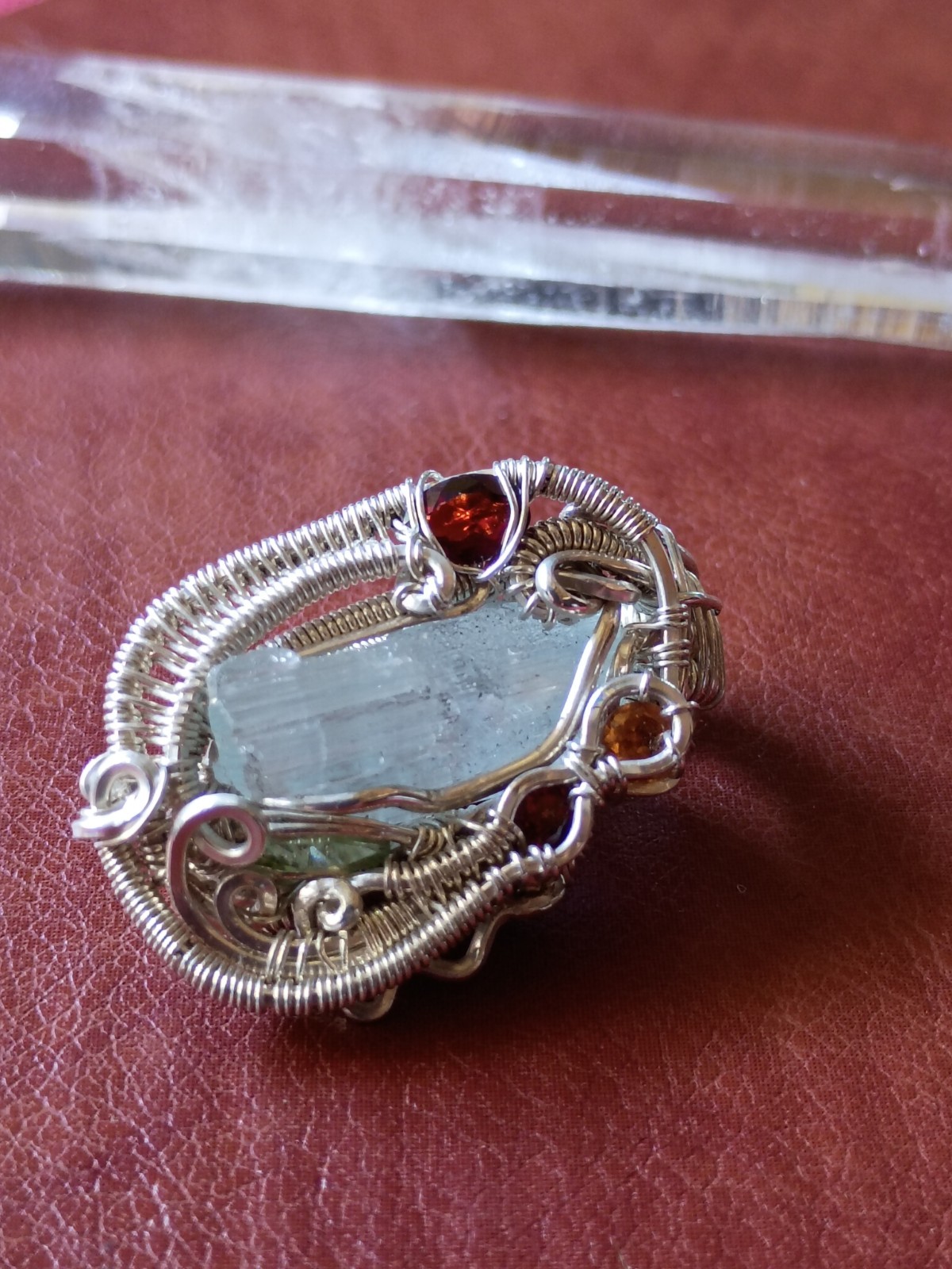 Handcrafted Wire Wrapped Aquamarine Crystal Sterling Silver Amulet Pendant