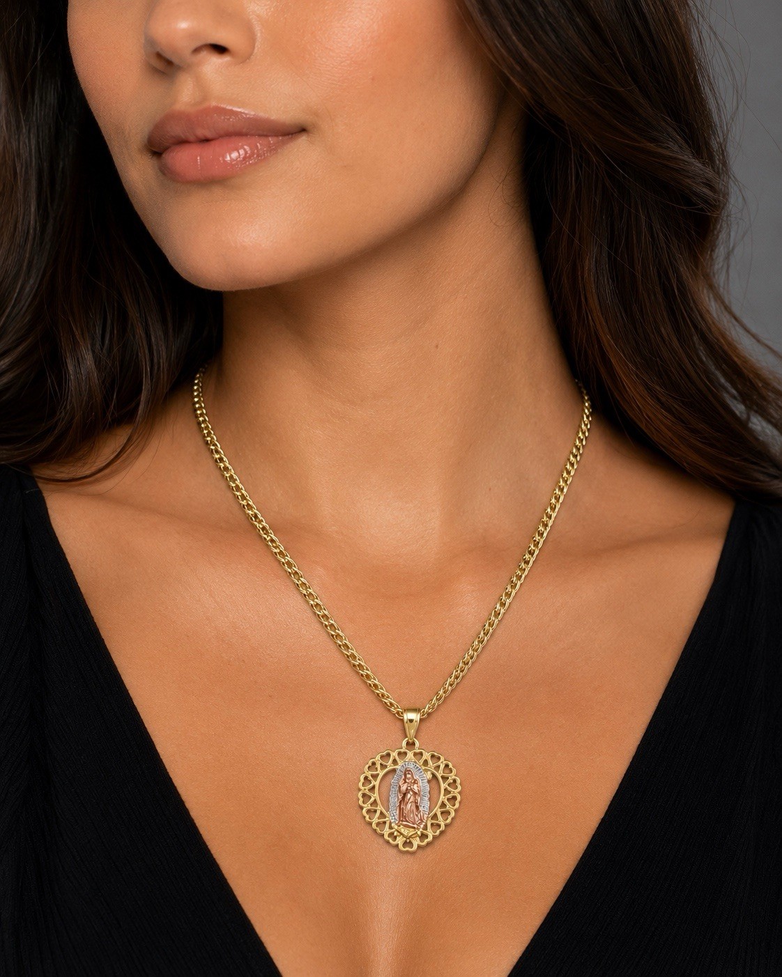 Gold plated none tarnished Cuban Link Chain Round Religious Necklace