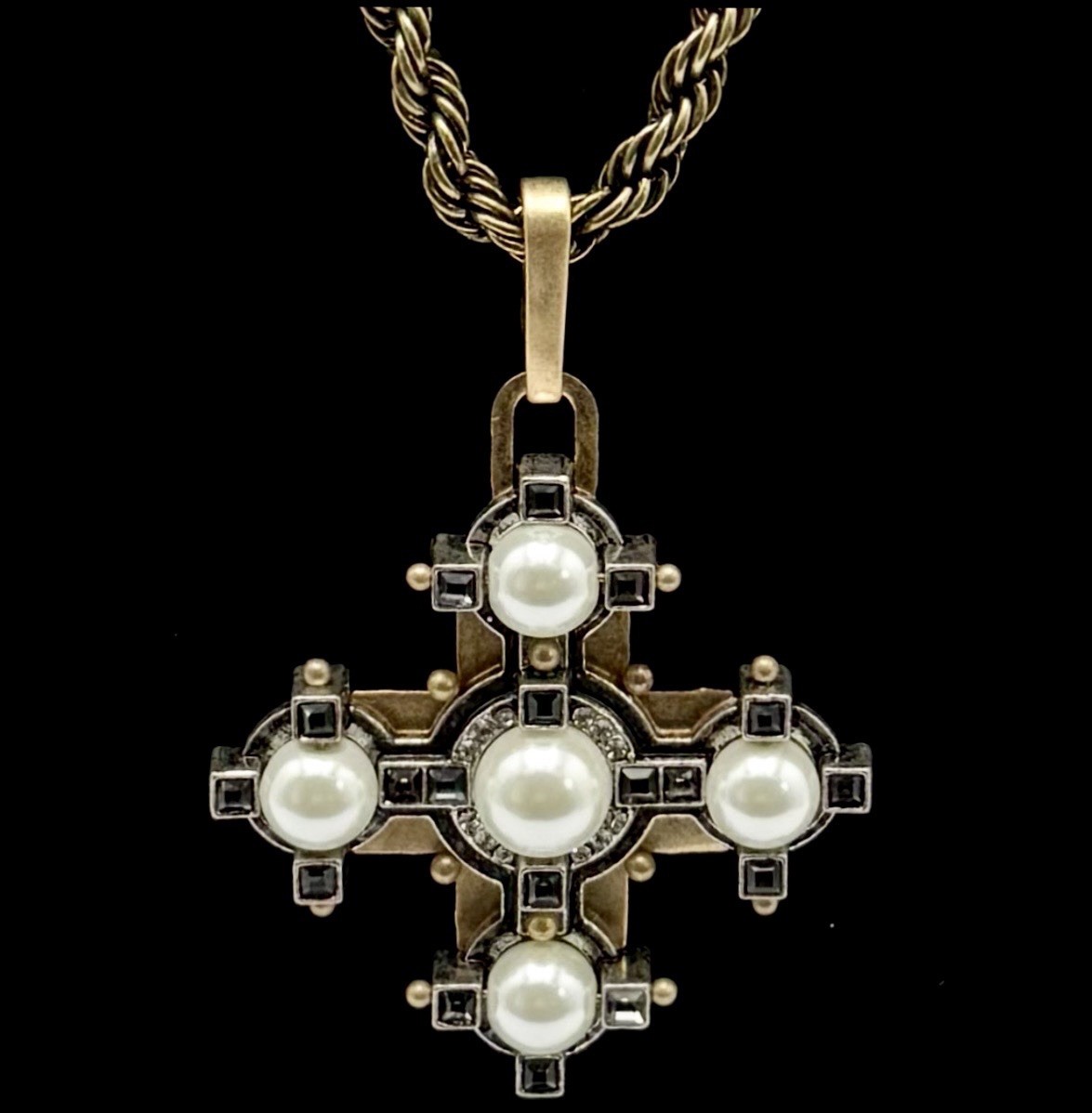 Cabi Tudor Maltese Cross Pendant Necklace Faux Pearl Black Crystal Rope Chain
