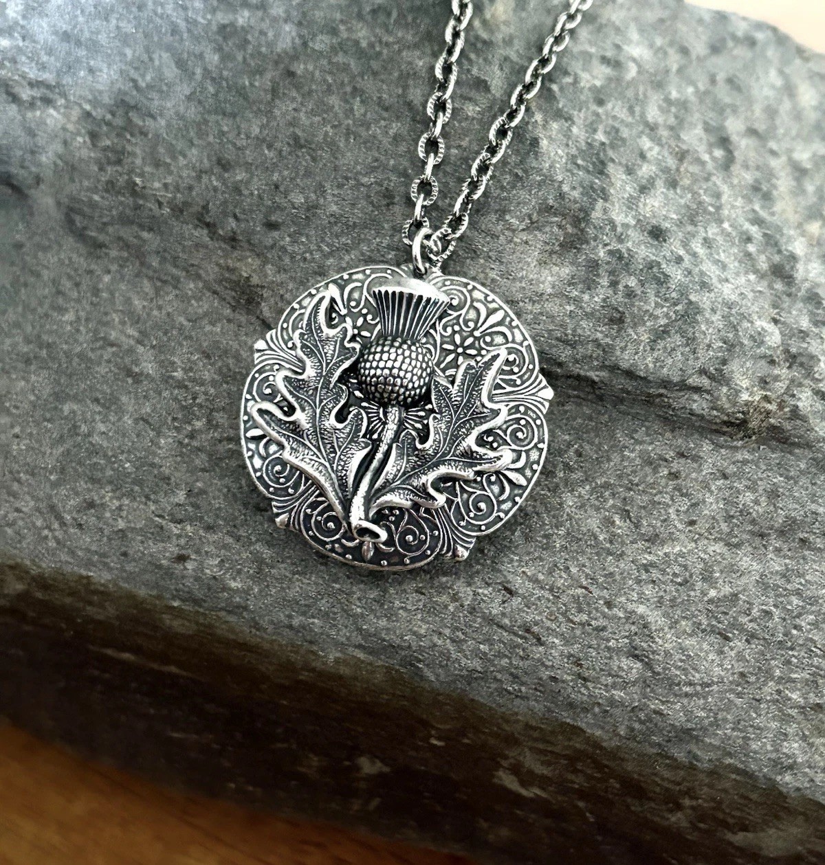 Thistle Hidden Locket Necklace, Silver Celtic Vintage Pillbox Stash Box Pendant