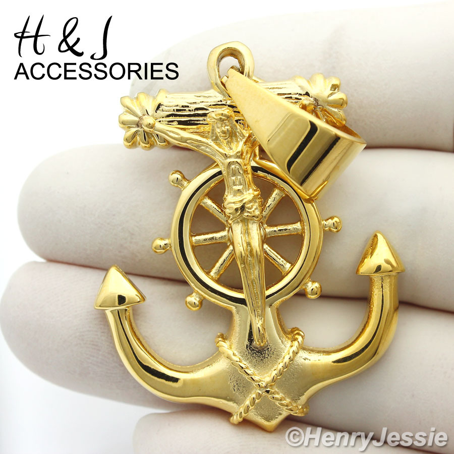 24″MEN Stainless Steel 9mm Gold Plated Cuban Curb Chain Anchor Cross Pendant*P58