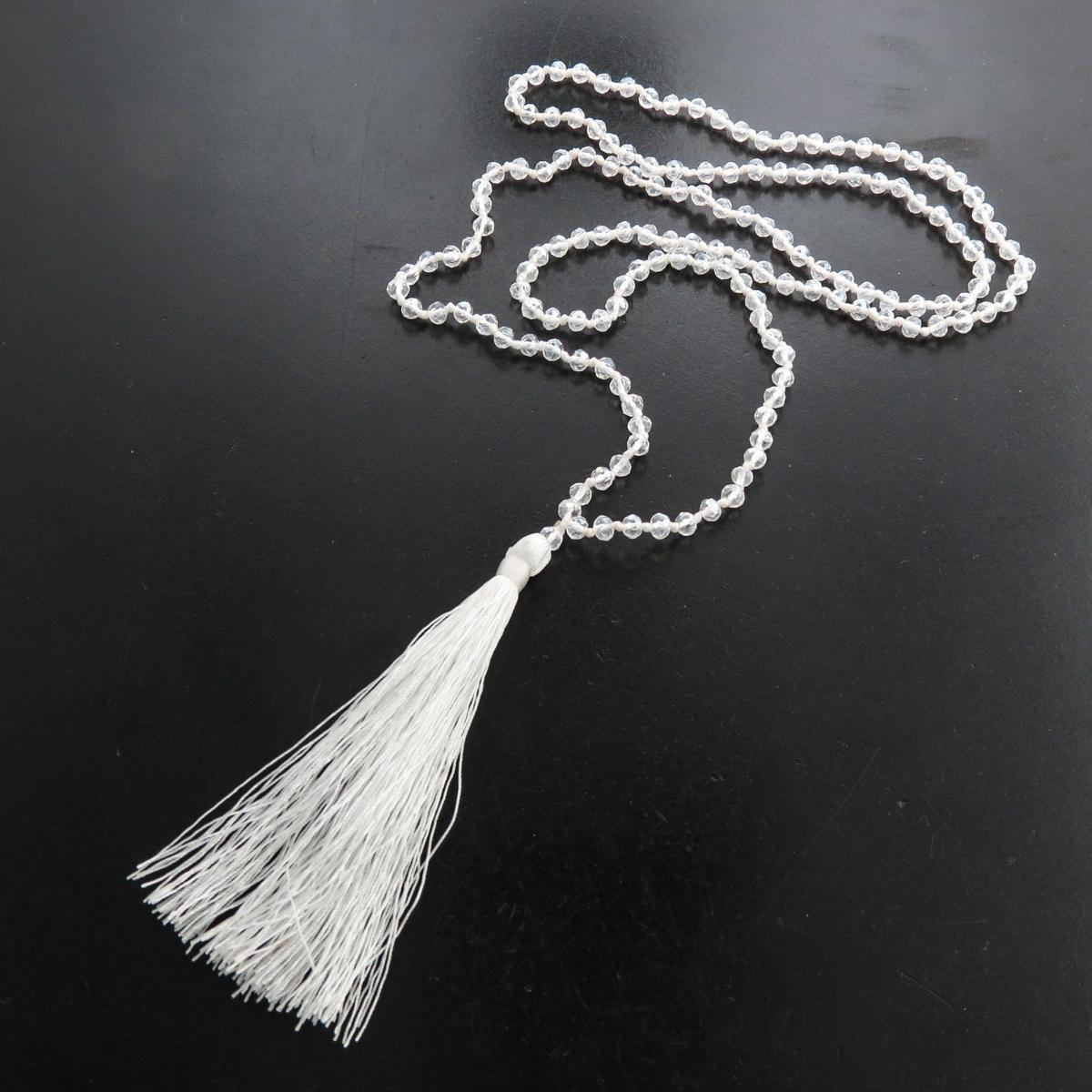 Long Beaded White And Clear Beads With Tassel Pendant Necklace, 32″