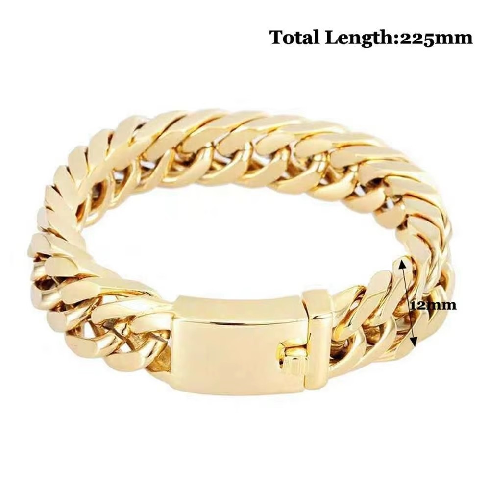 MENDEL Mens 12mm Stainless Steel Gold Plated Miami Cuban Link Bracelet Men
