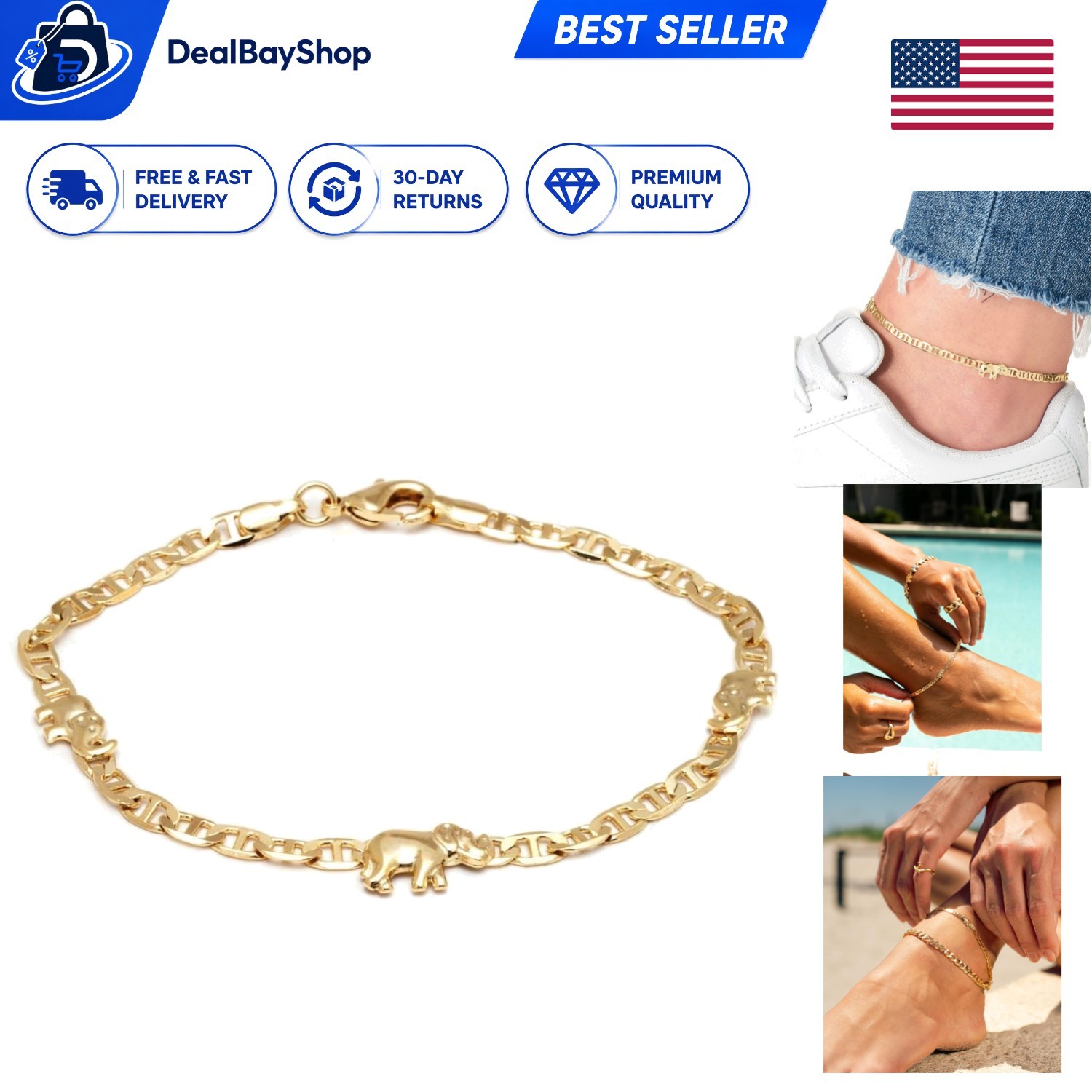 Elegant 18K Gold Marina Chain Anklet with Elephant Pendant – Made in Brazil