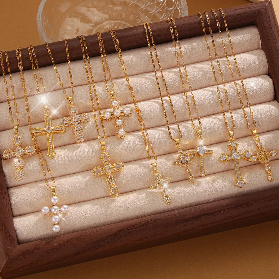 Stainless Steel 18K Gold Plated Vintage Style Plating Inlay Geometric Cross