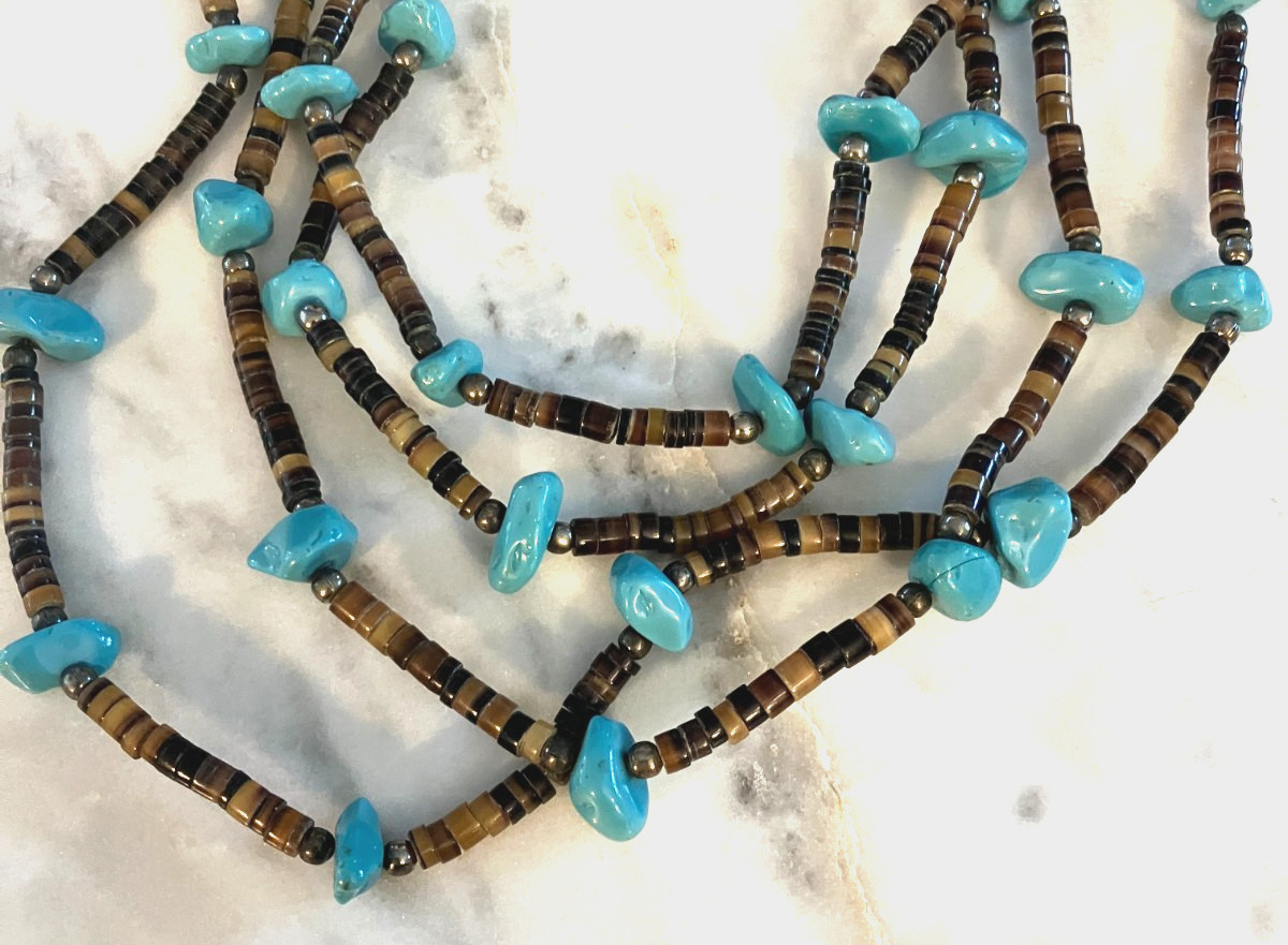 Heavy Native American Turquoise Nugget Heishi Long Strand Necklace 67.2g, 29″