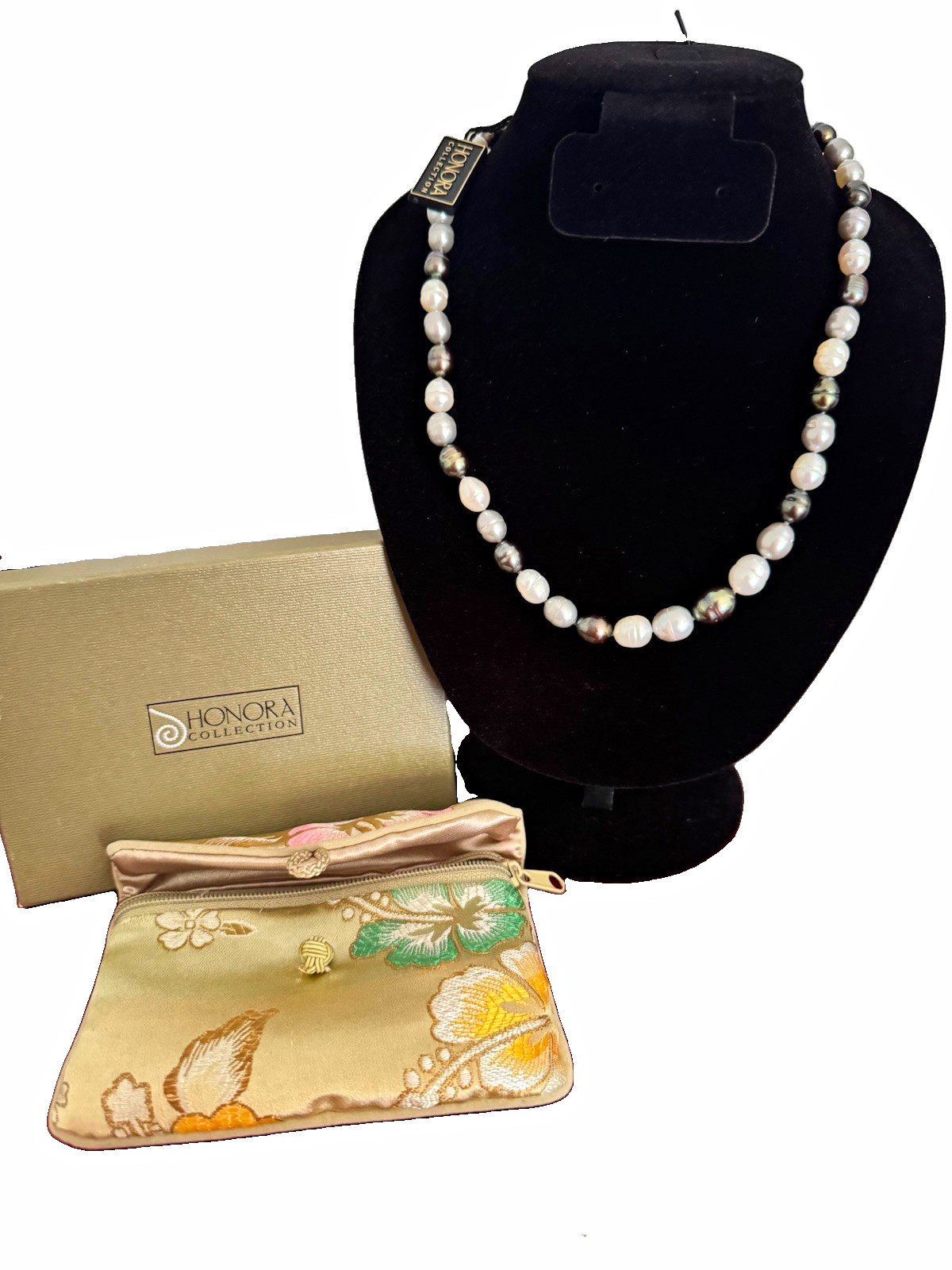 Honora White & Gray Round Pearl Beaded Strand Necklace Ball/Bead Chain 16”