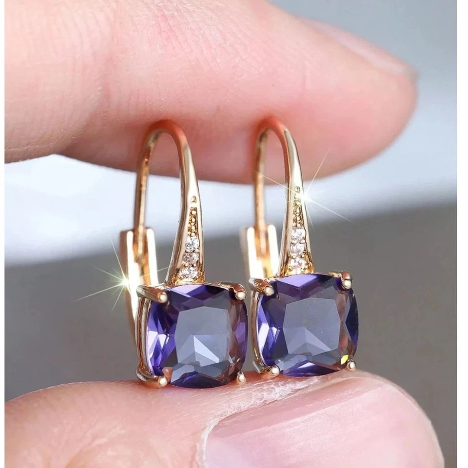 Cushion Cut Lab Created Tanzanite Women’s Hoop Earring in 14k Yellow Gold Plated