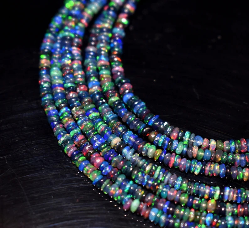 AAA Welo Fire Opal Beads: Ethiopian Black Multi Fire Opal Rondelles (3-5mm) 16′