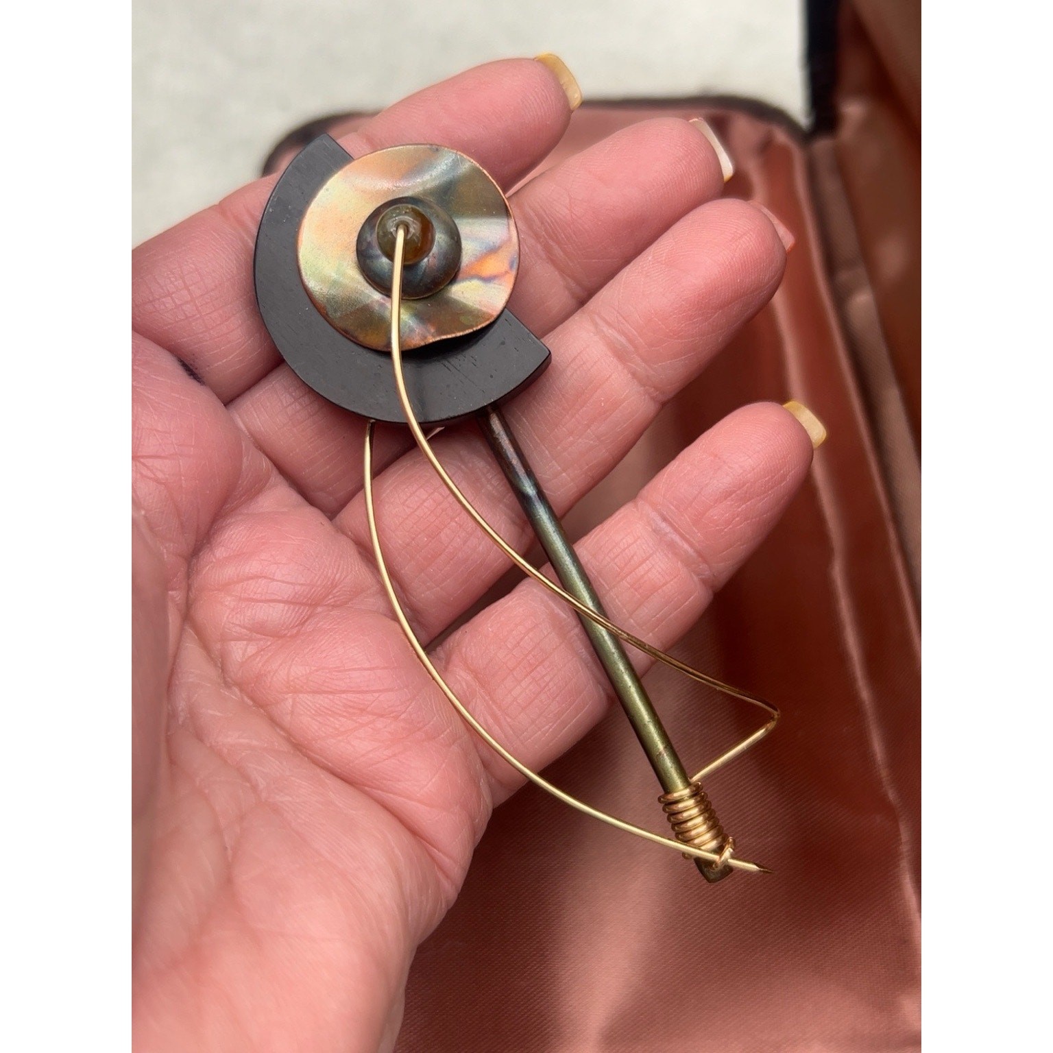 Vintage 80s Artisan Kinetic Modernist Mixed Media Brooch Avant-Garde