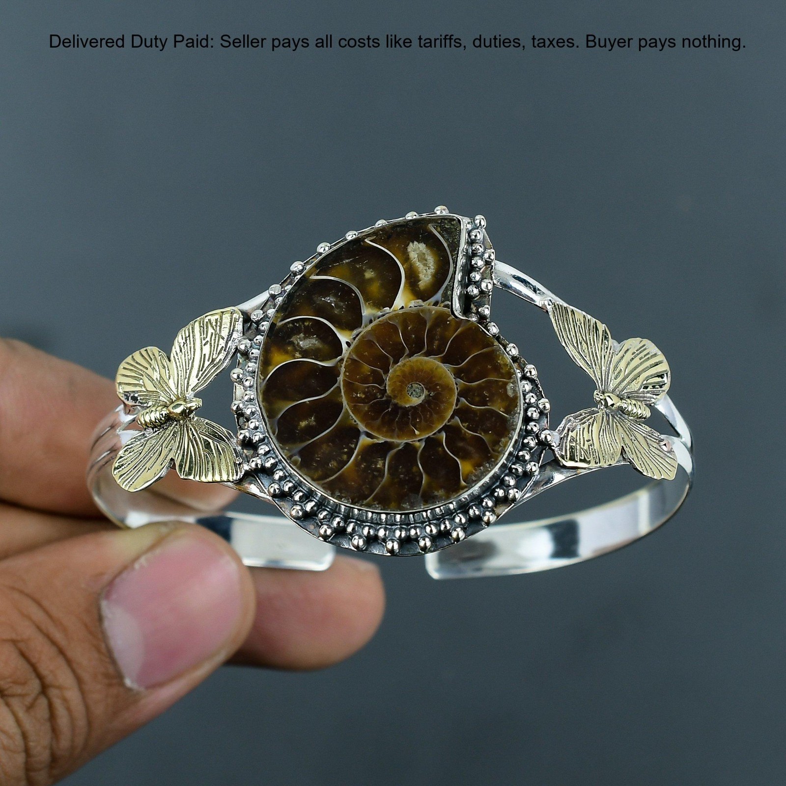 Christmas Deal Ammonite Fossil Gemstone Bezel Bangle Jewelry 925 Sterling Silver