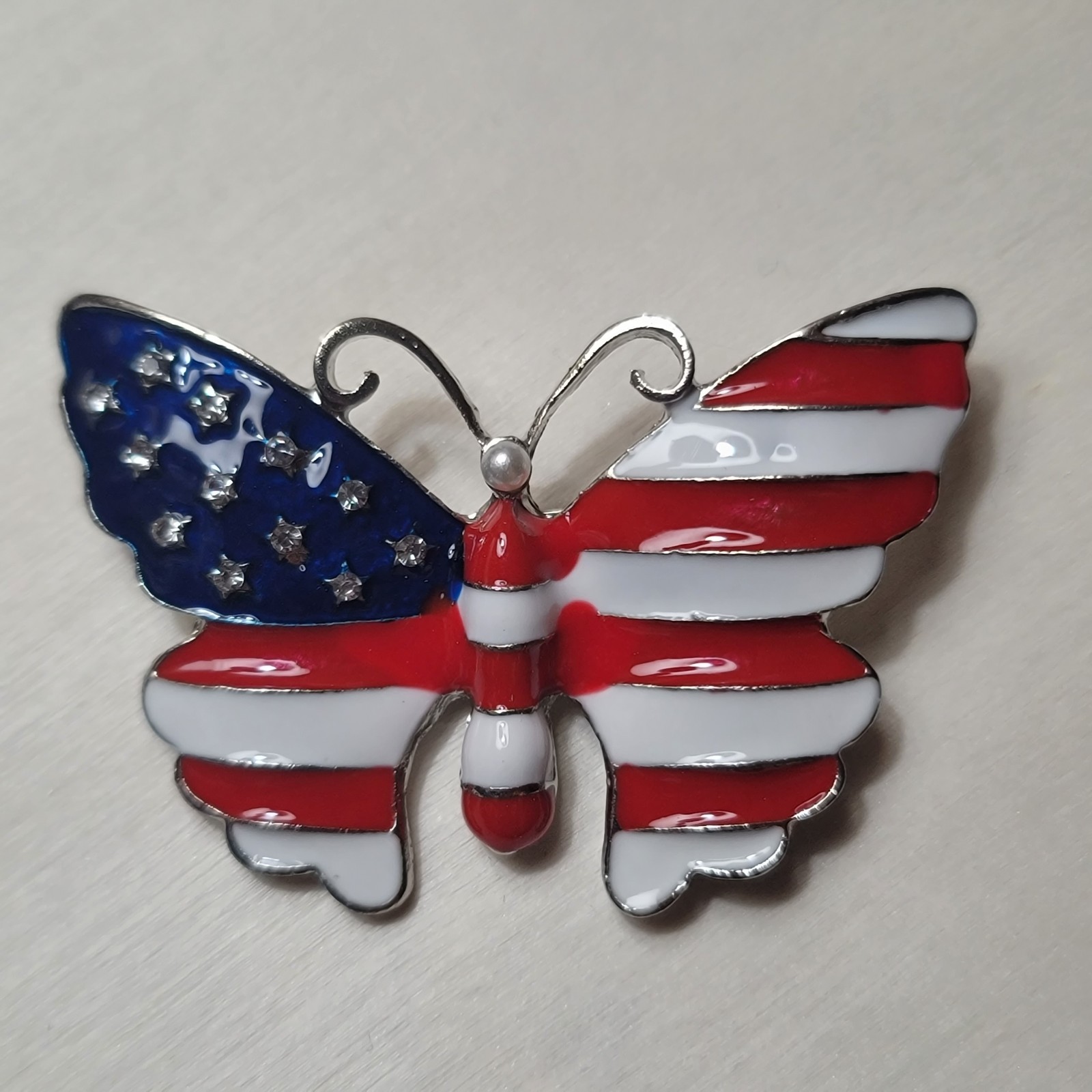 Set of 2 Brooch/pins, USA, Patriotic, Butterfly, Red White Blue, Silvertone