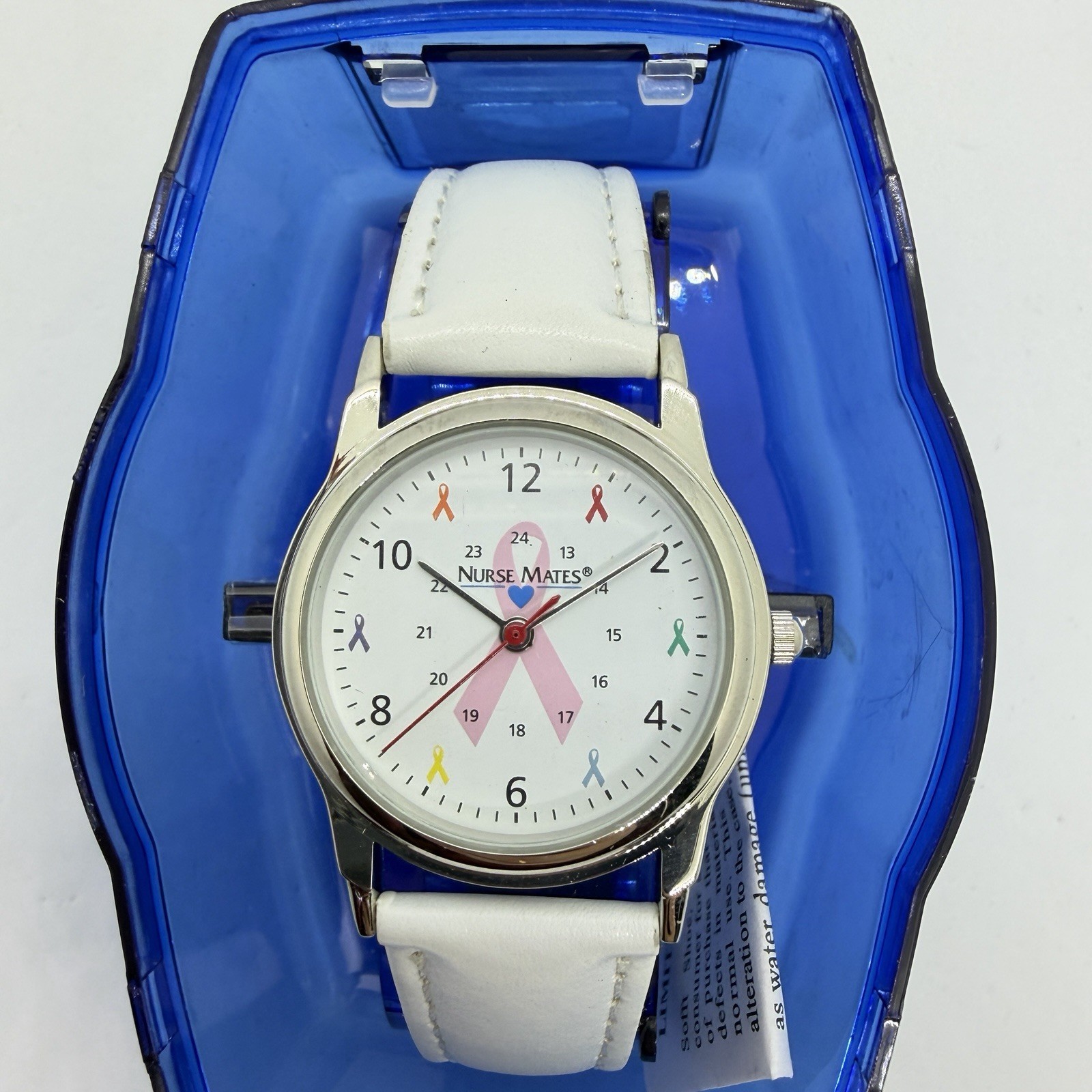 Nurse Mates ribbons Awareness nurse watch Leather strap – White