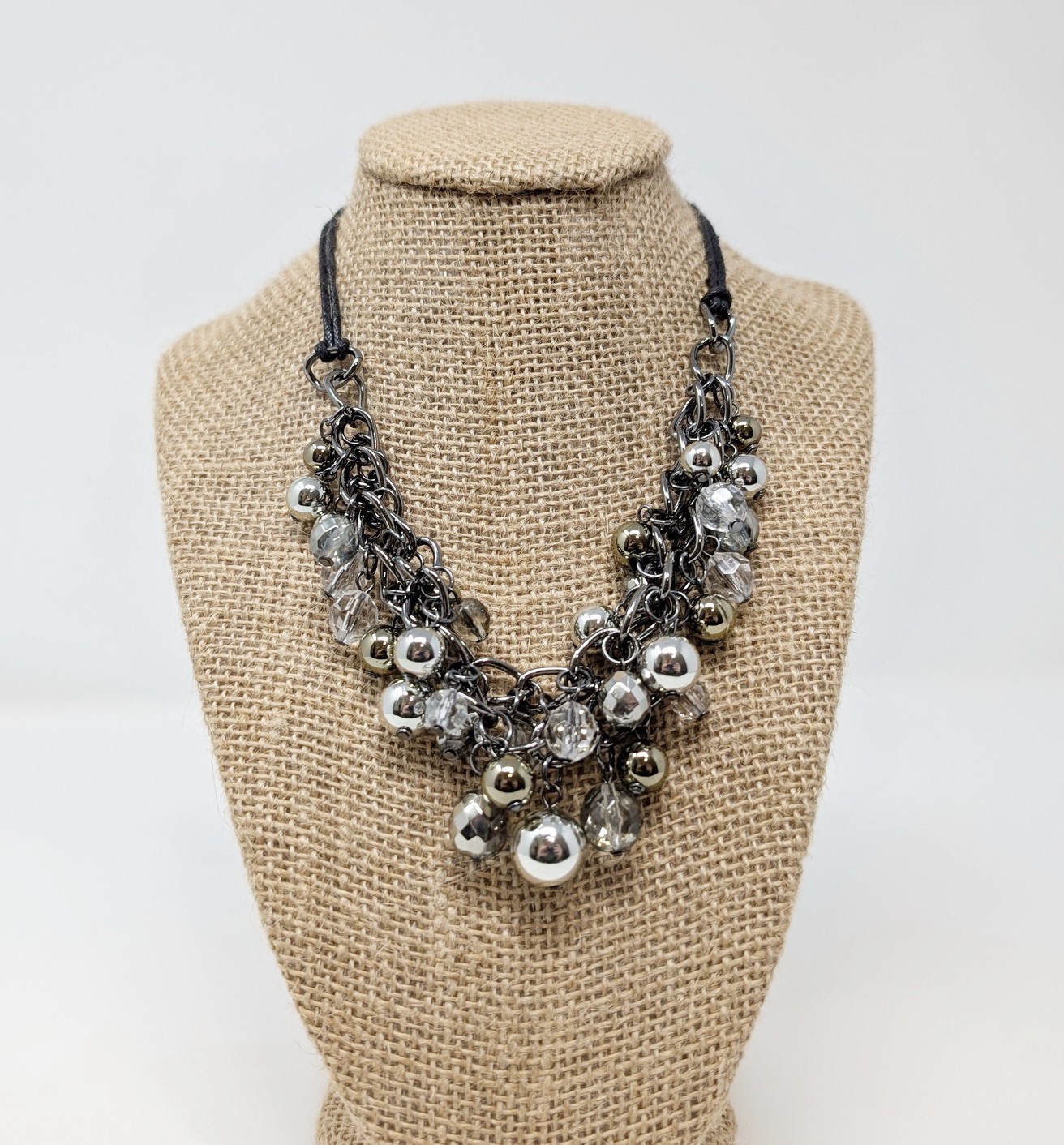Silver Tone Necklace Beaded Statement Multi-Strand Chunky Cluster Black Cord