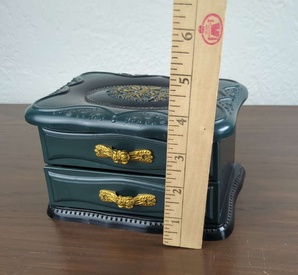 Plastic Table Top Dresser Drawer Jewelry Box Dark Green Gold Florals Paisley Fab