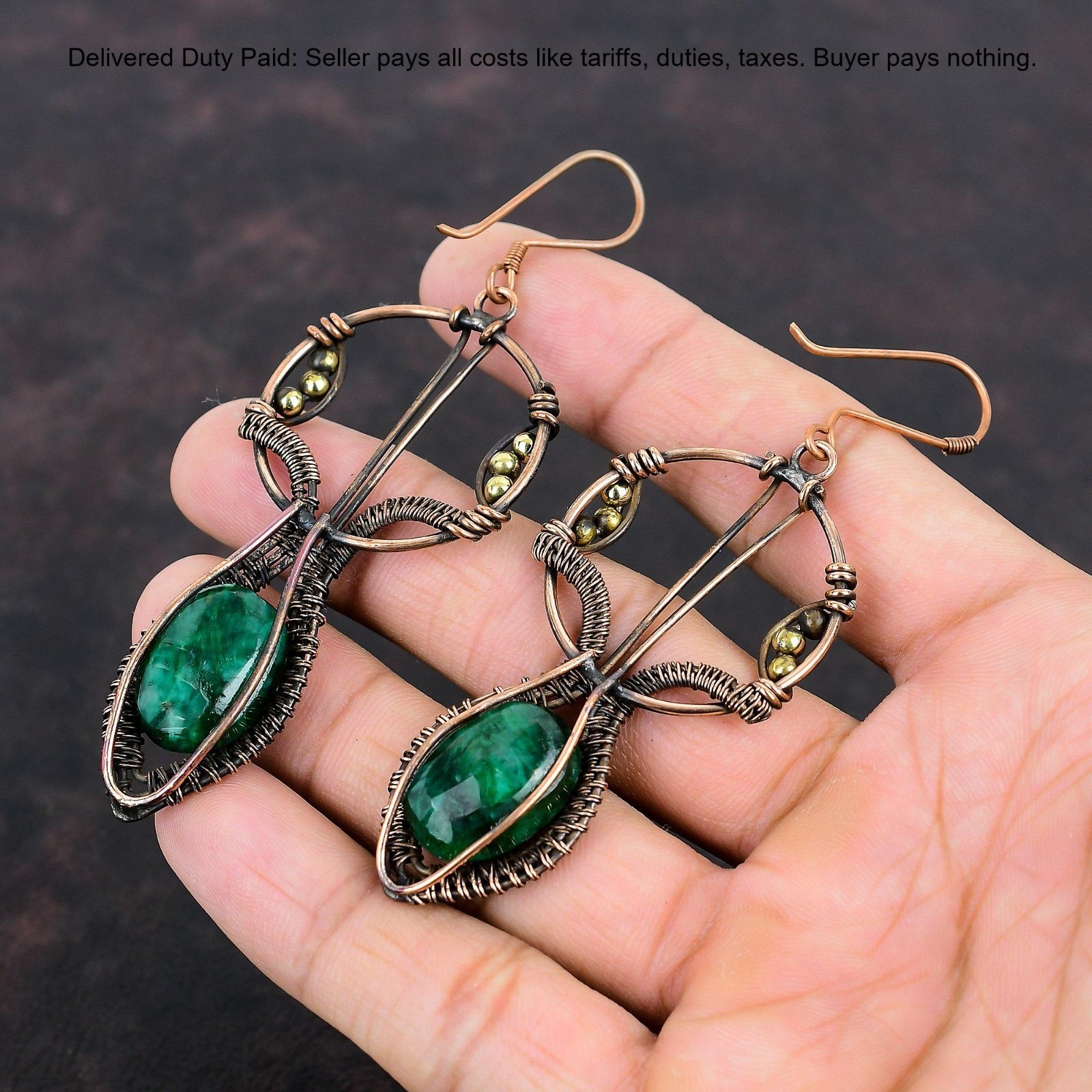 Copper Zambian Emrald Emrald Stone Wire Wrapped Mother Dangle Earrings Jewelry